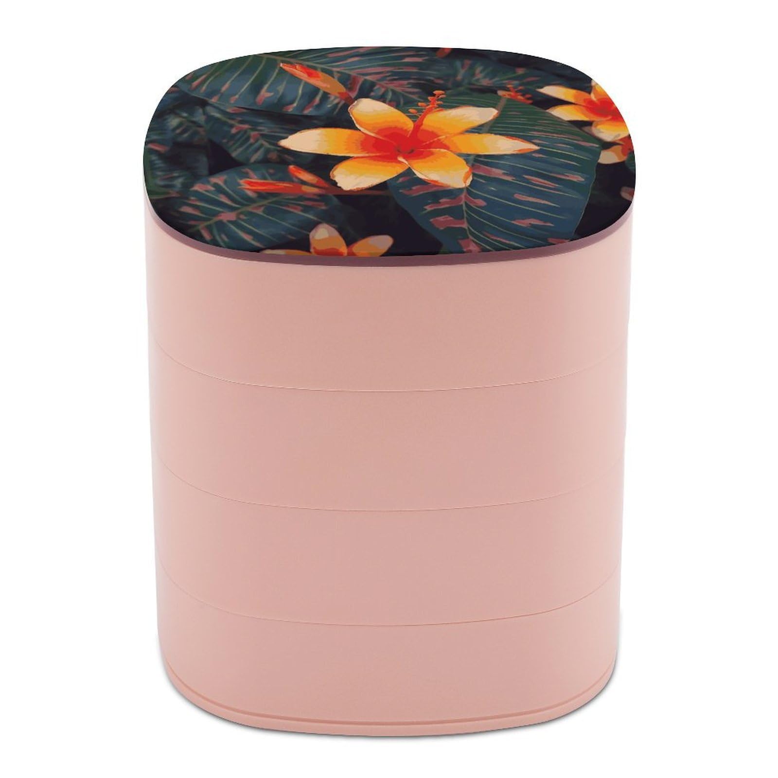 Btcowzrv Women's Style Hawaii Tropical Flower Jewelry Organizer With Mirror, 4-Layer Rotating Jewelry Box For Ring Earring Necklaces Bracelets Hair Accessories, Gift For