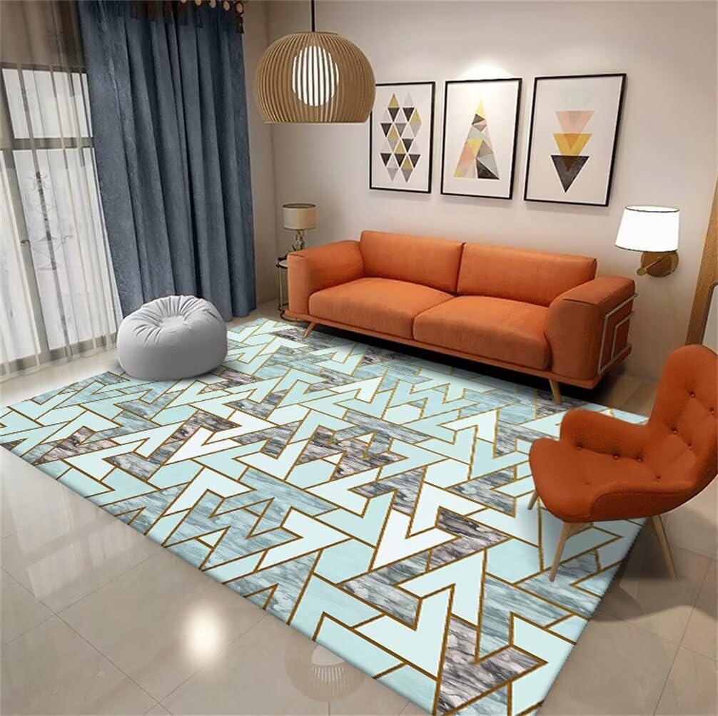 Tapis table basse bleu géométrique pour un salon cocooning et moderne