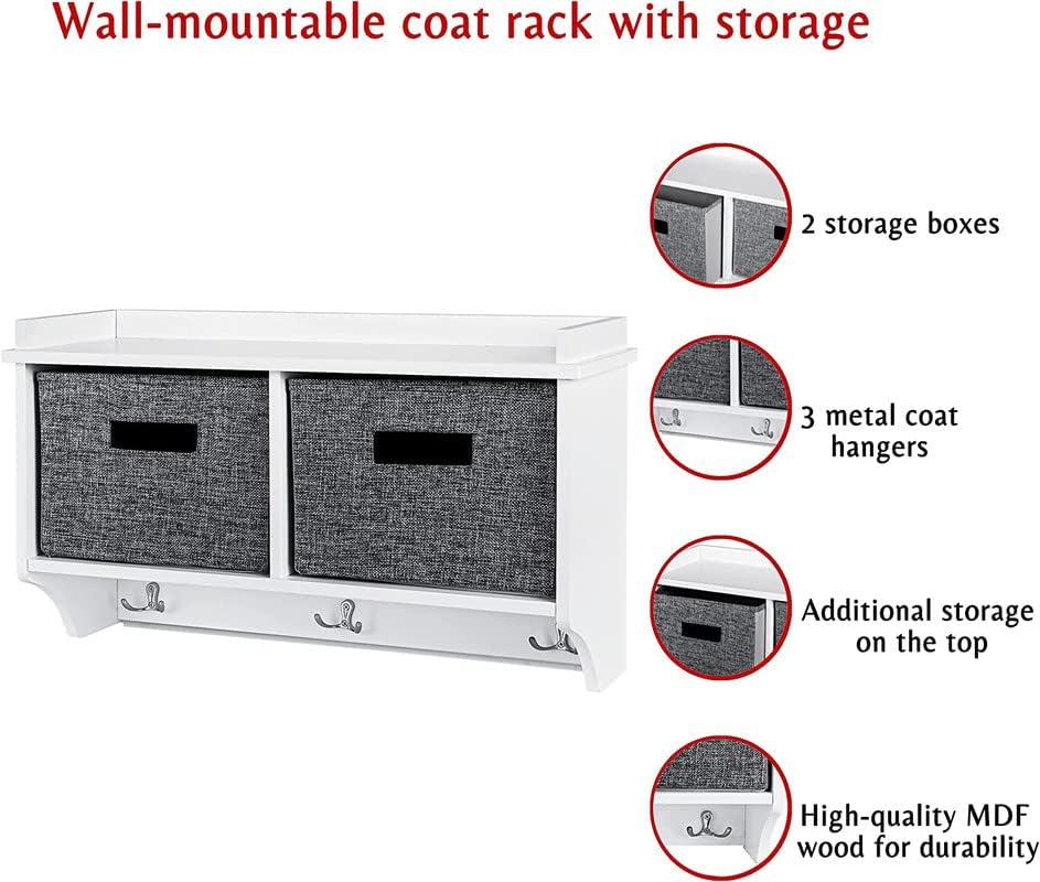 iTrend Wooden Wall Coat Rack - Wall Mounted Coat Hooks - Storage Rack - with Three Double Hooks - Hallway Organiser - White 2 Bin Wall Rack
