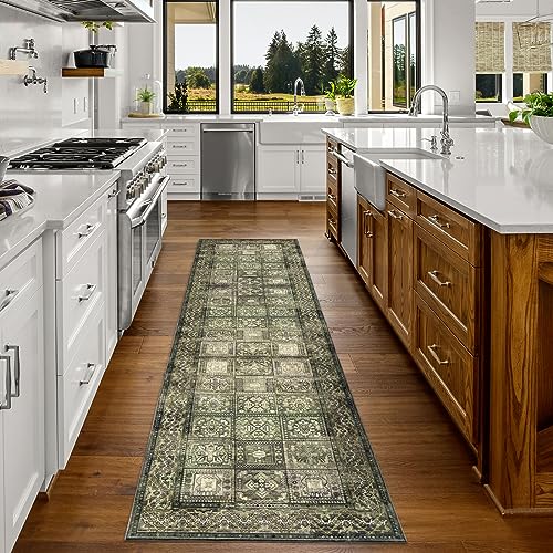 DECOMALL ALYTA Washable Runner Rug, Vintage Non-Slip Long Rugs for Hallway Walkway Corridor Kitchen, Green/Brown 2’6”x9’