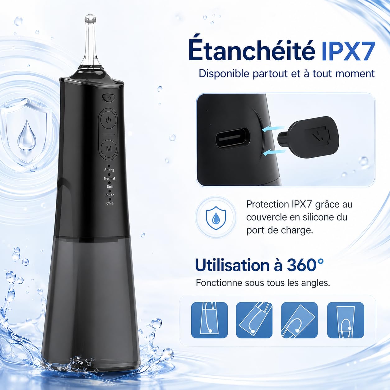 Oryzon Hydropulseur sans fil pour un soin dentaire & buccal optimal - Hydropulseur Dentaire Avec Réservoir 310 Ml, Jet Dentaire Portable IPX7, 4 Modes Et 4 Buses Pour Maison Et Voyage (Blanc)