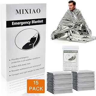 MIXIAO Emergency Foil Blanket (Pack of 15), Survival Thermal Blankets Perfect for Outdoors, Hiking, Survival, Marathons or First Aid (Silver Pack of 15)