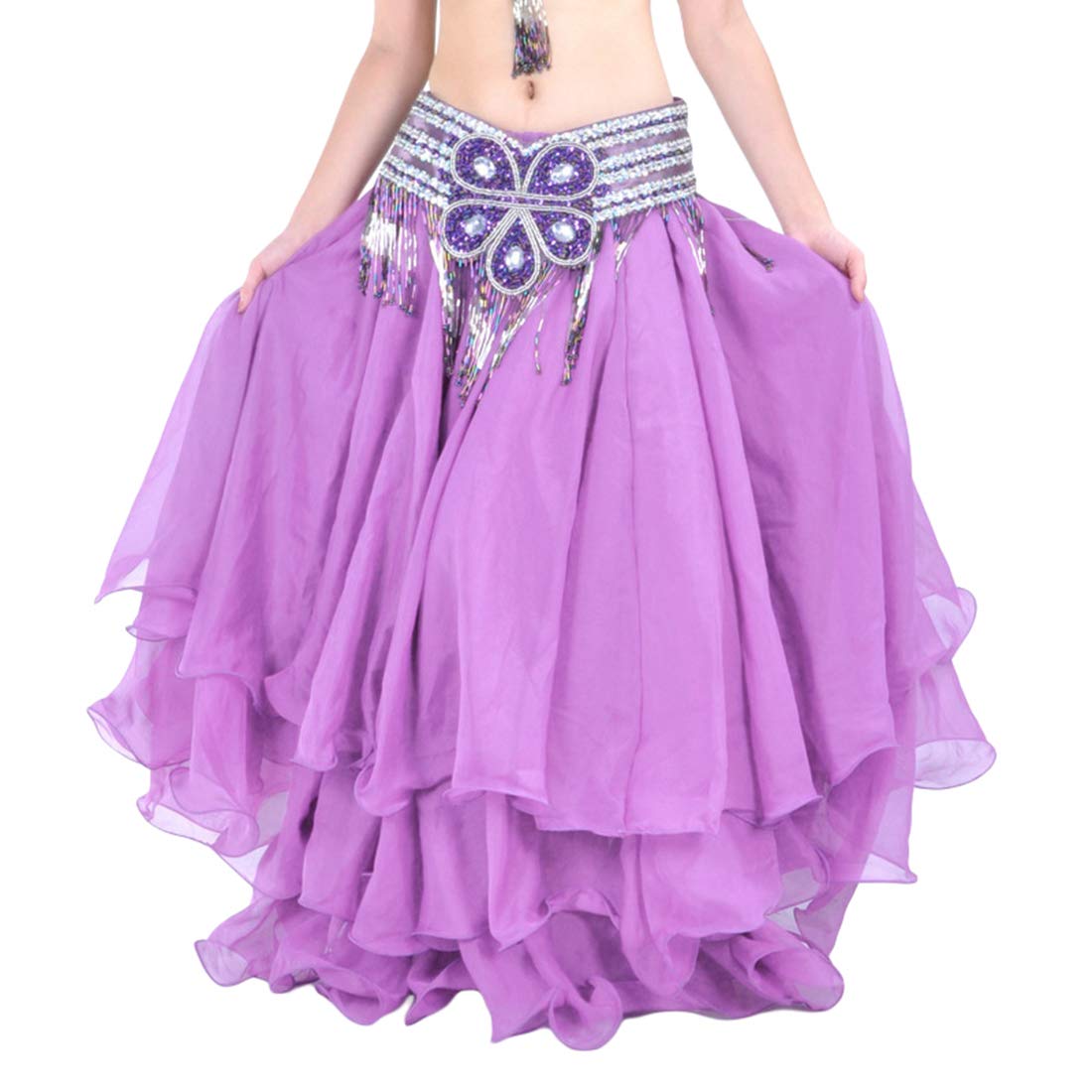 Femme Couleur Unie Jupe Longue Danse du Ventre, Trois Couches Chiffon Jupe de Curling Grande Swing Jupe(Aucune Chaîne de Taille) Violet Clair Taille Unique
