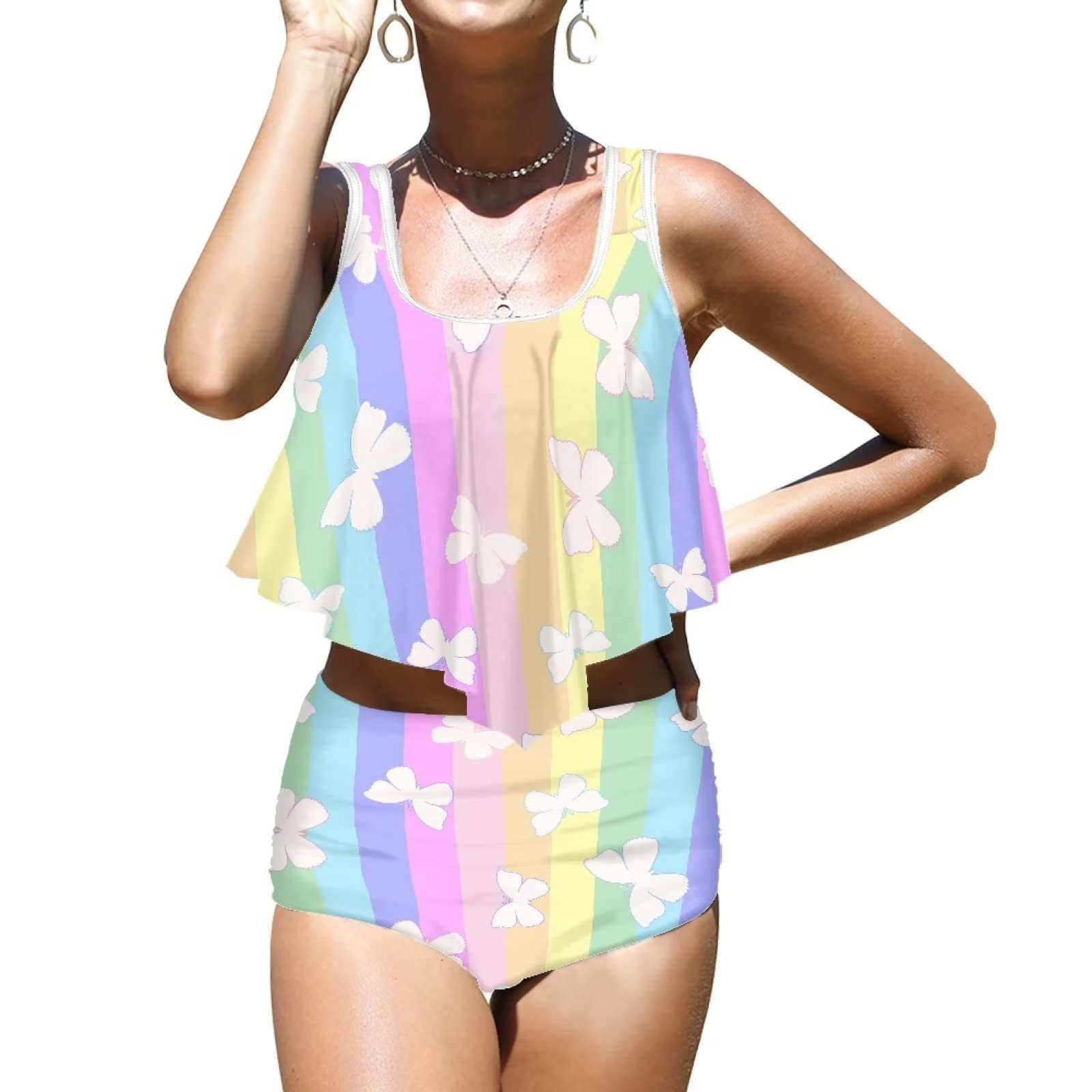 Howilath 2 confezioni da spiaggia indossate da San Valentino amore cuore bianco costume da bagno comodo costume da bagno morbido per le donne, Modello a righe arcobaleno farfalla, M