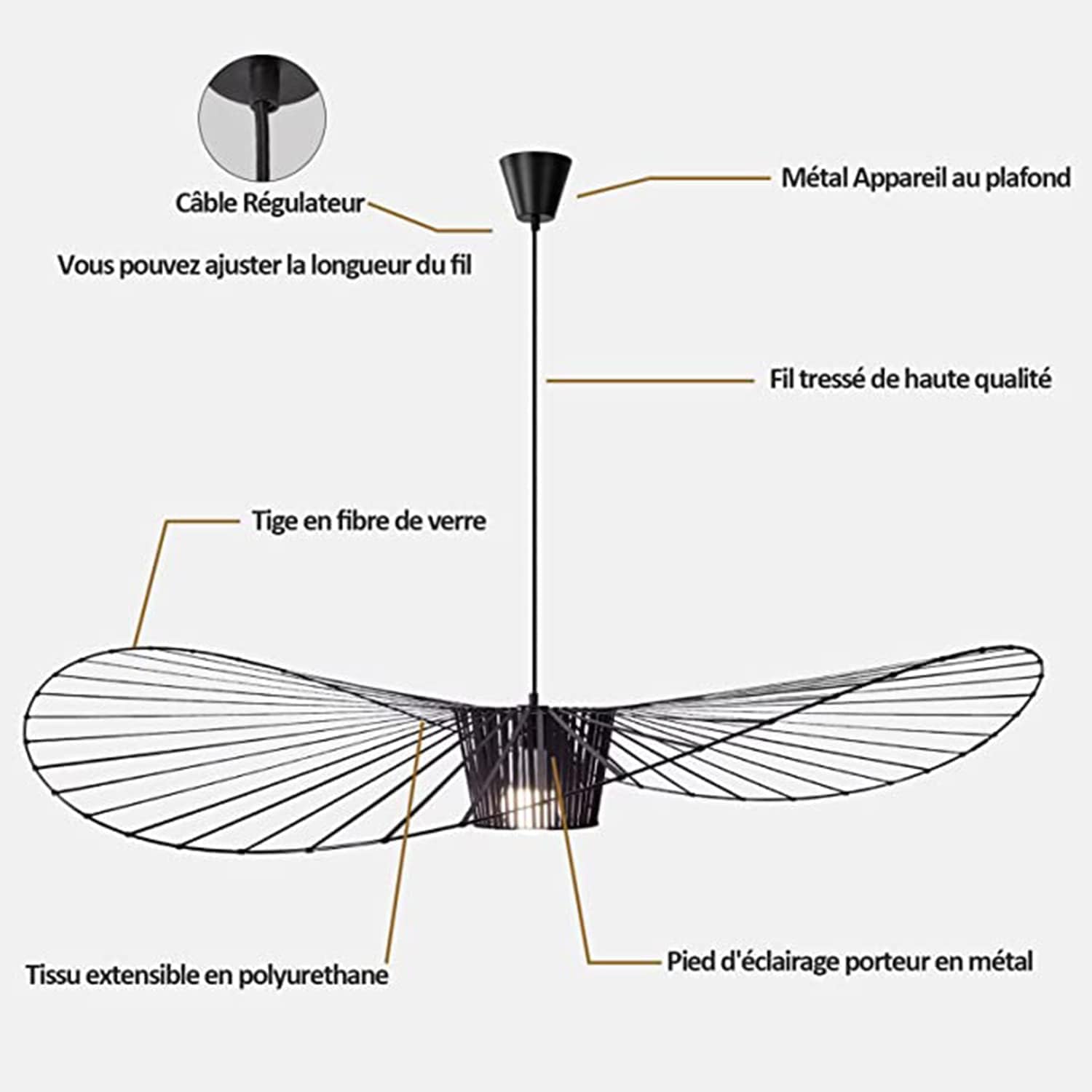 Lámpara Colgante Vintage para Sala De Estar, Diseño De Sombrero De Fibra De Vidrio + Casquillo E27 De Tela De Fibra. Altura De Luz Ajustable., Black, 170cm