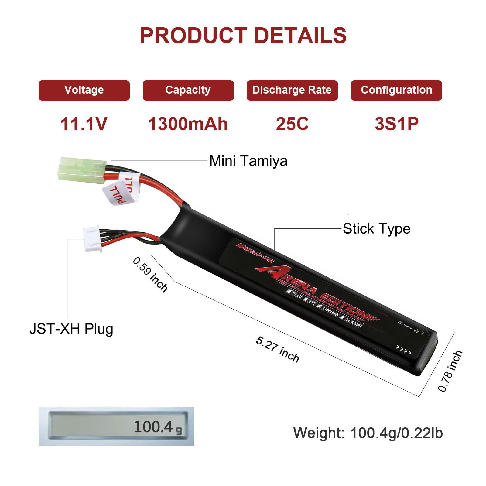 BosLi-Po Airsoft Battery 11.1V LiPo Rechargeable High Power 1300mAh 3S 25C Airsoft Batteries with Mini Tamiya Connector for Airsoft Guns