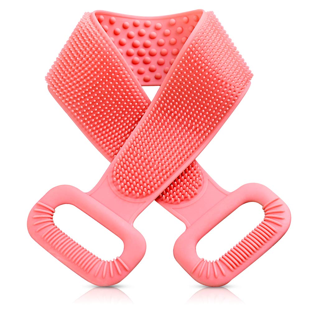 YEVIOR Updated Back Scrubber for Shower Extra Long 35", Handle Body Washer, Lathers Well, Dual Sided Silicone Exfoliating Texture Scrubbing Pad for Women Men to Deep Clean, Relax Your Body (Pink)