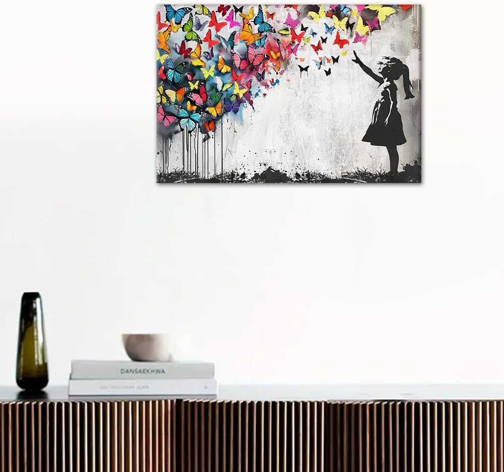 Yeesjoee Banksy Butterfly Canvas Wall Art, 12x16 Inch HD Colorful Print Framed Graffiti Poster, Vibrant Street Art for Teen Bedroom Living Room Wall Decor, Ready to Hang
