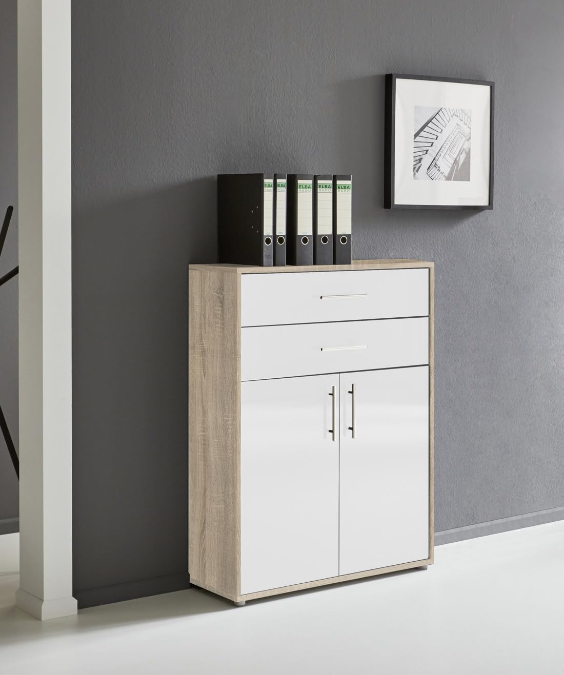 BMG Möbel Office Edition Set 22, armadietto da ufficio con serratura con manici in metallo, prodotto in Germania (rovere Sonoma/bianco lucido)