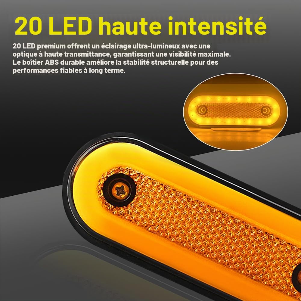 10PCS Feux de Position Latéraux LED pour Camion Montage en Surface, Ambre Scellé Feux de Gabarit Latéraux 12-24 V, Feux de Position Latéraux étanches IP68 pour Remorque, Camion, Bateau