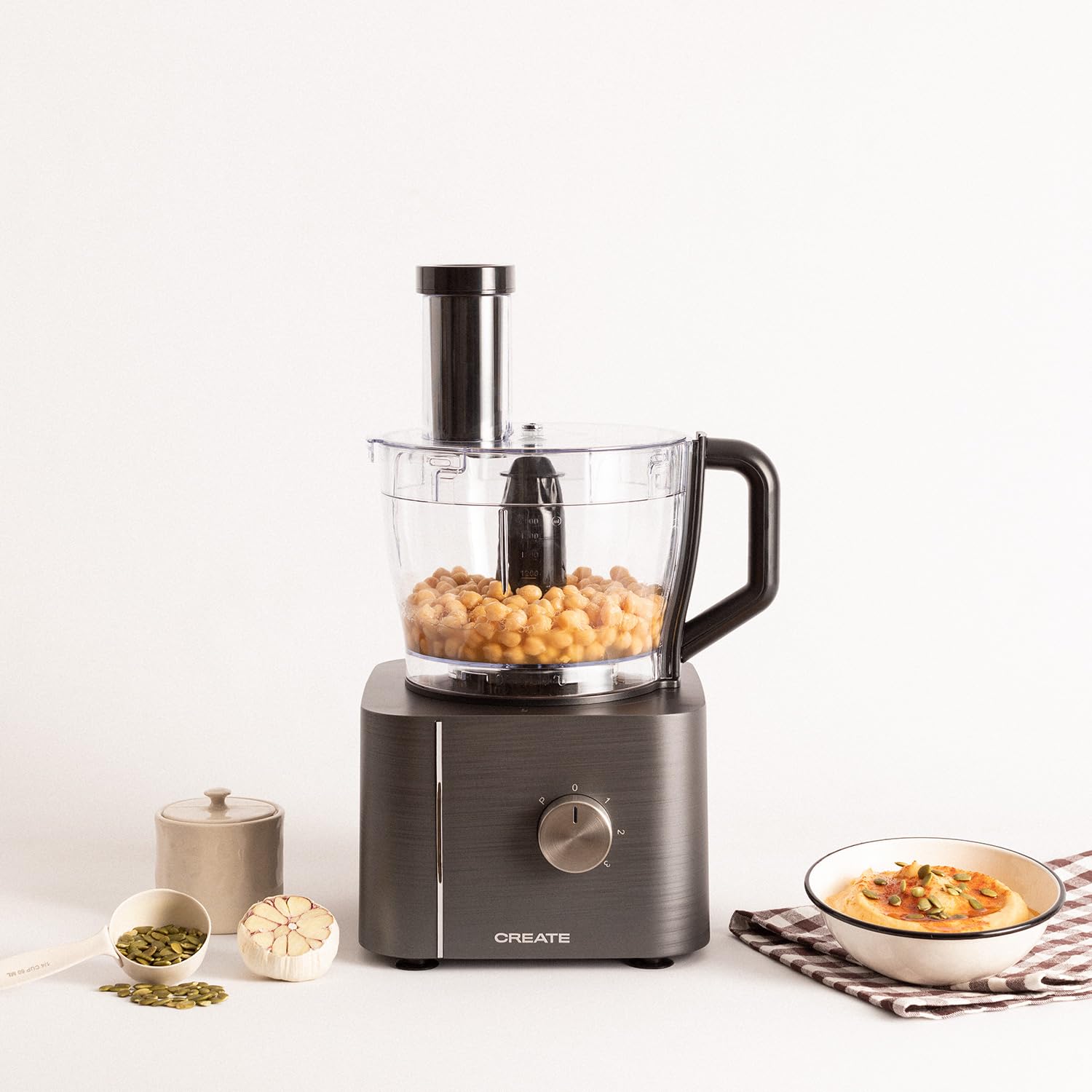 CREATE/CHEF CHOP/Procesador de alimentos gris/Robot de cocina multifunción, 10 modos, 3 velocidades, bol procesador 2L, cuchillas de acero inoxidable, 1100W