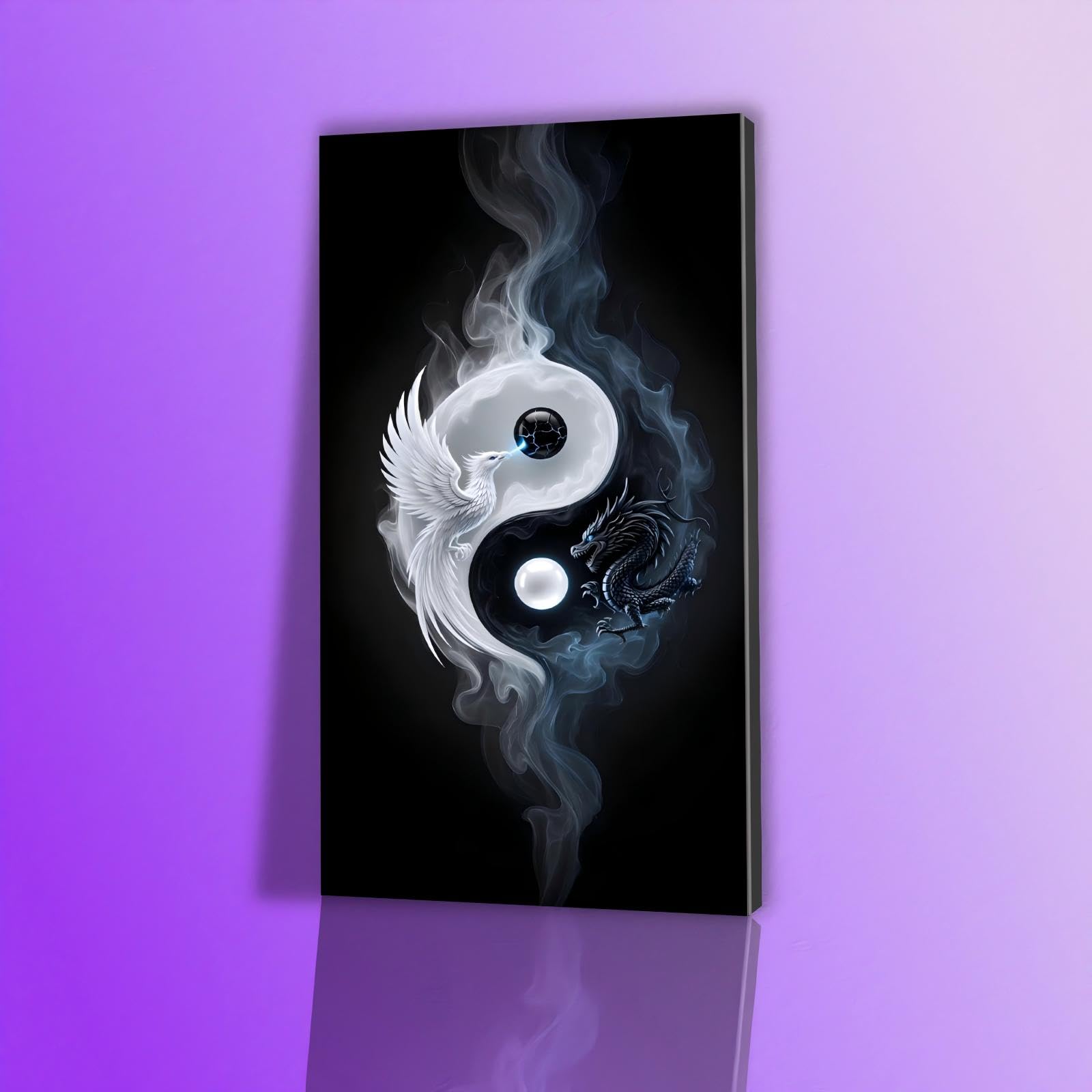 Rgsixiot Internal Frame Canvas Wall Art Fantasy Vertical Yin Yang Dragon And Phoenix