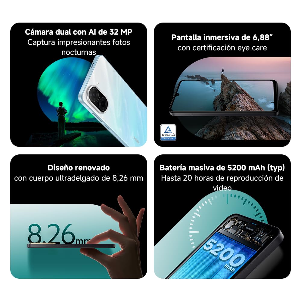 XIAOMI Redmi A5 - Smartphone de 4+128GB, Pantalla inmersiva de 6,88" 120 Hz, Potente procesador octa core, Cámara dual AI de 32 MP, 5200 mAh, cargador no incluido, negro (Versión ES)