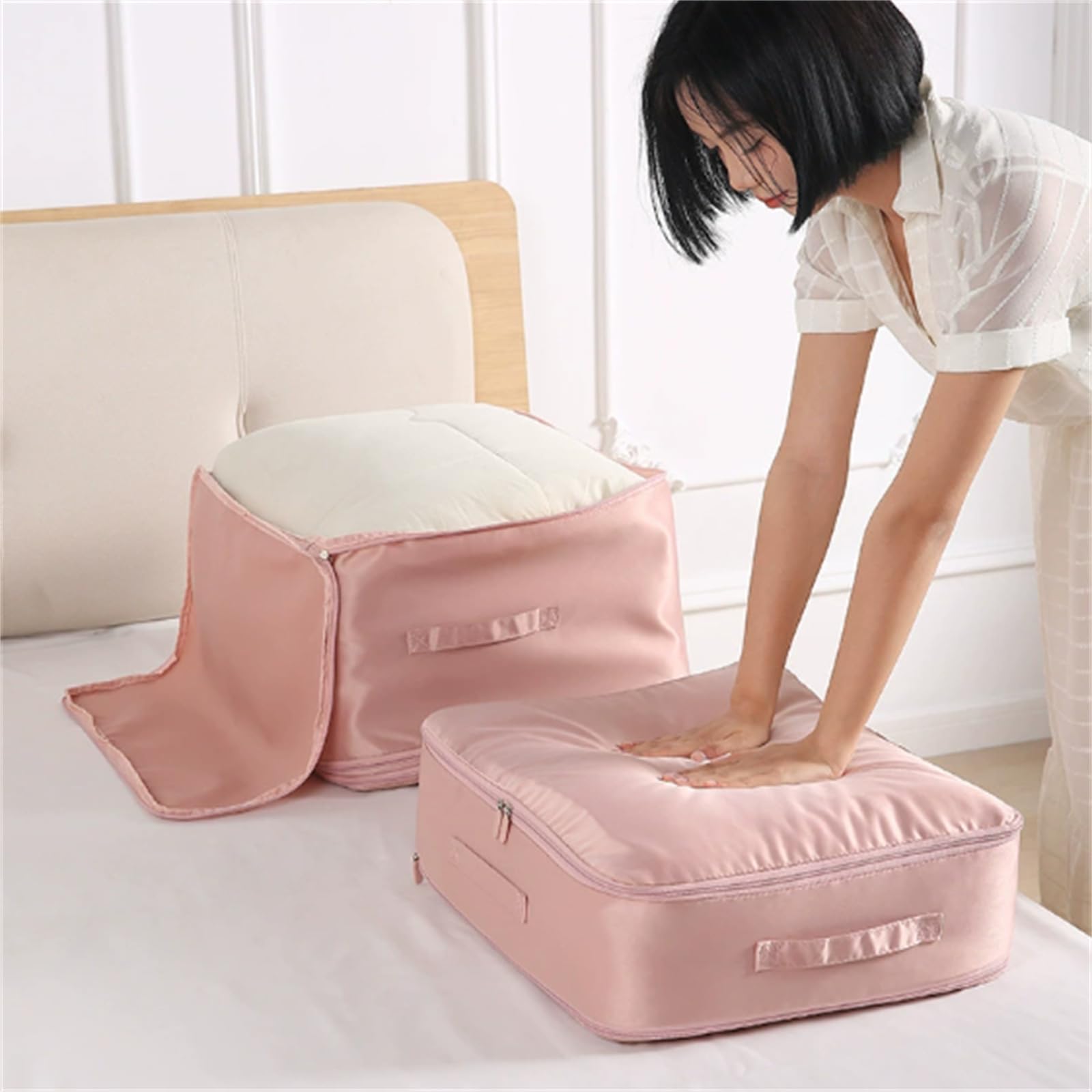 Peliaral Compression Organizer, UltraSpace Saving Self Compression Organizer, Compression Duvet Storage Bag Large Capacity, Heavy Duty Moving Bags (Beige, 54 * 42 * 60cm)