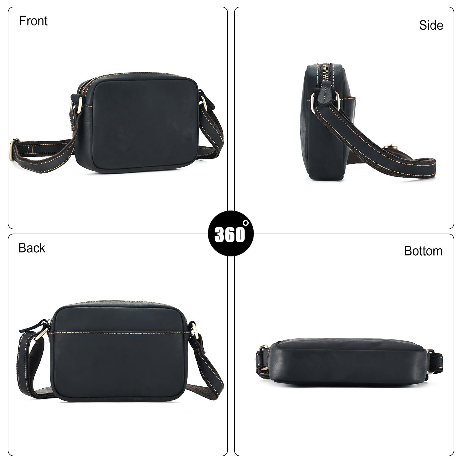 FANDARE Umhängetasche Leder Herren Herrentasche Damen Schultertasche Echtes Leder Handgelenktasche Arzttasche Schultertasche Crossbody Bag Arbeitstasche Messenger Bags Geschenk für Männer Schwarz