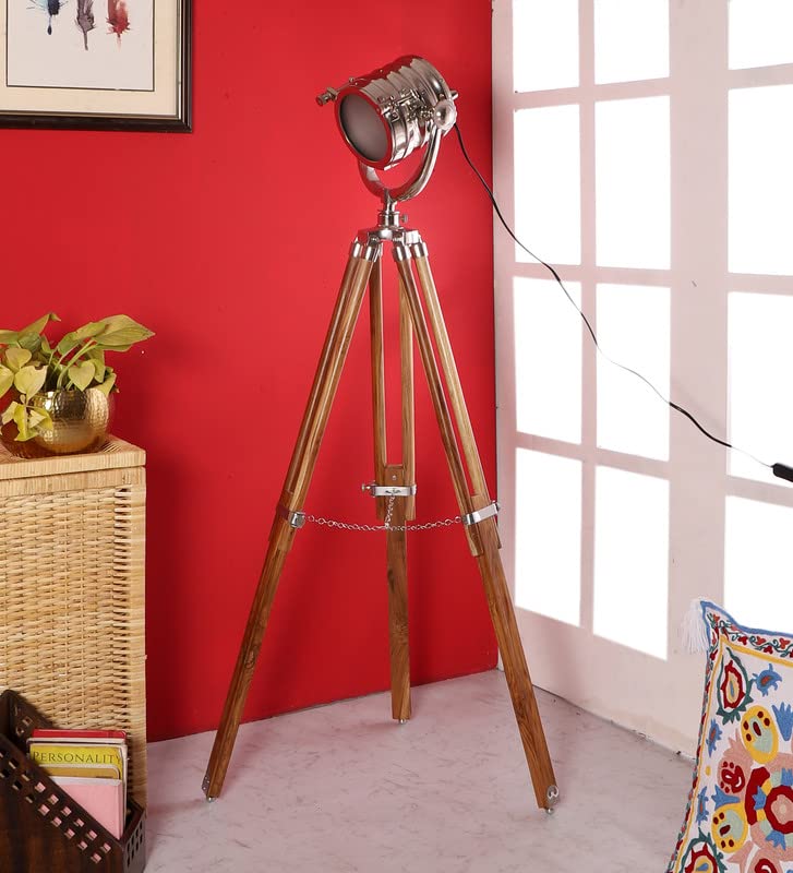 Image of PRISTINE INTERIORS Brown Fabric Shade Tripod Floor Lamp with Black Base Silver Metal Shade Tripod Floor Lamp with Beige Base (Issac Nickle)