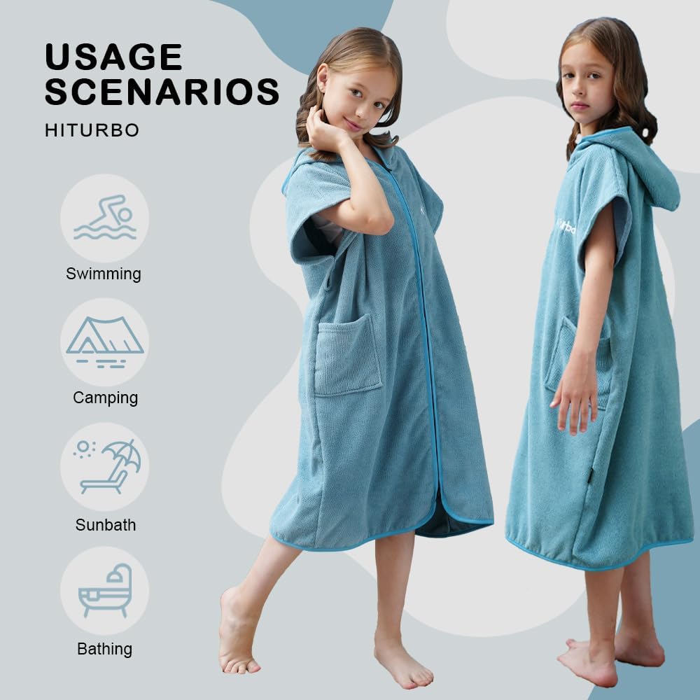 Hiturbo Kids Bath Towel Hoodie: Absorbent Quick Dry Zipper Surf Poncho - Changing Towels Swimming Outerwear (Blue) - Image 5