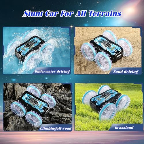 Amphibious Remote Control Car Boat, 4WD Gesture RC Car with Waterproof Remote Control, RC Stunt Car with LED Lights, Pool Toys for Kids Ages 6-12, Toys Gifts for Boys Girls 5