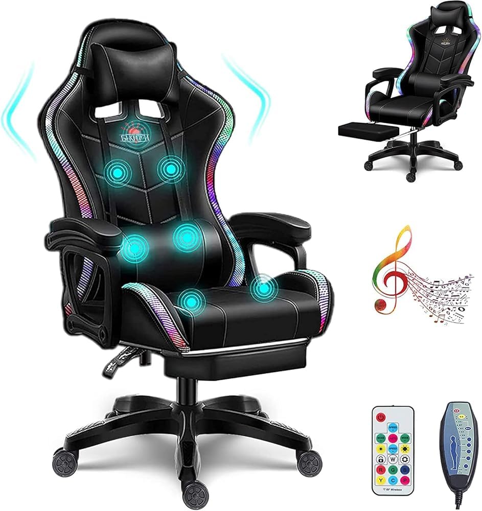 RKUVPAE Bluetooth Gaming Chair with Speakers,Comfortable LED Light Massage Ergonomic Video Chair with Footrest PC Chairs for Office Chair Gaming with Headrest and Lumbar Pillow(Color:Black)