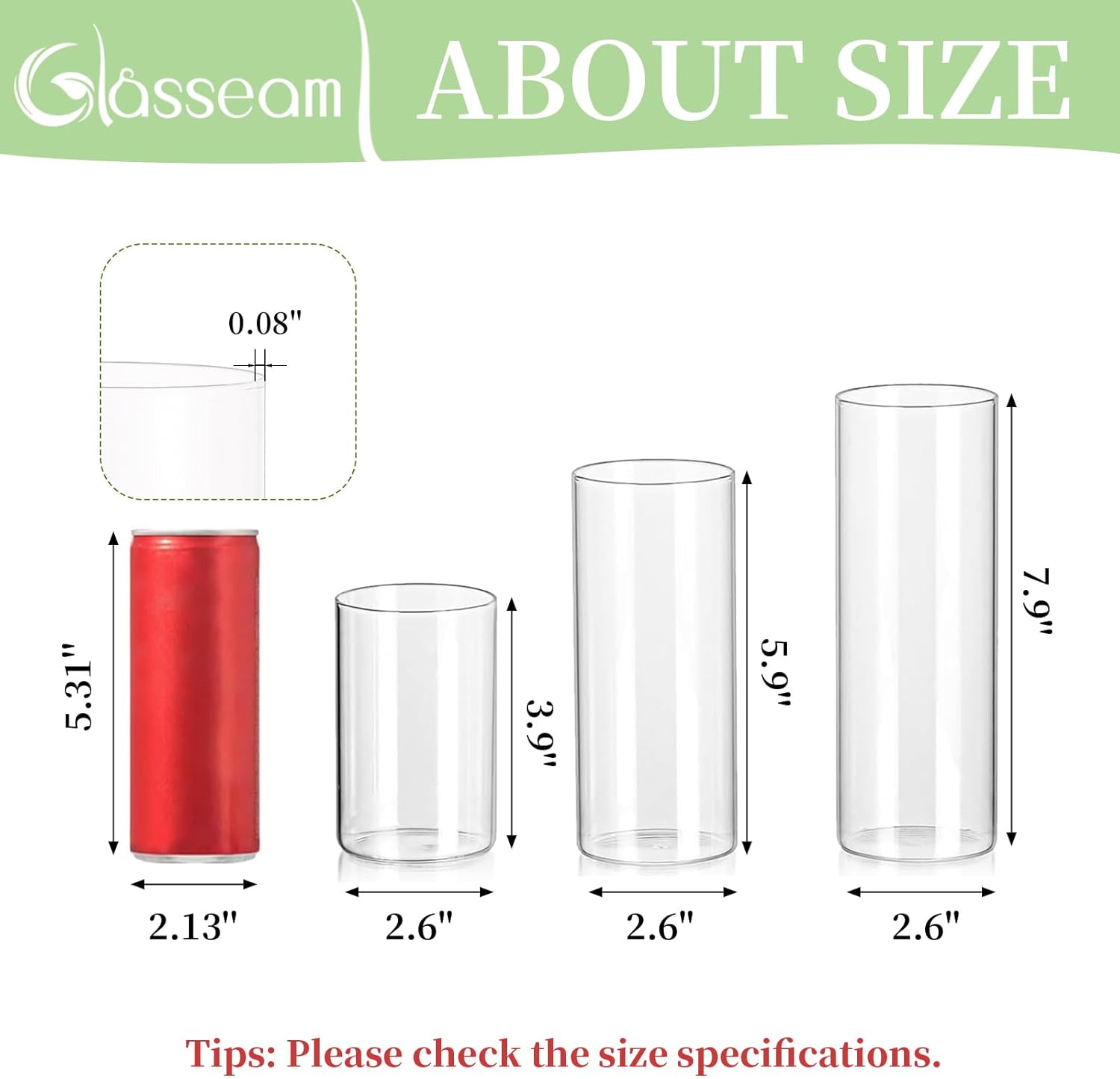 Glasseam Clear Glass Cylinder Vase, 6pcs Glass Vases for Centerpieces, Modern Floating Candle Vases for Flowers, Hurricane Vase Decor Candle Holders for Pillar Candles Wedding Decorations (4/6/8)