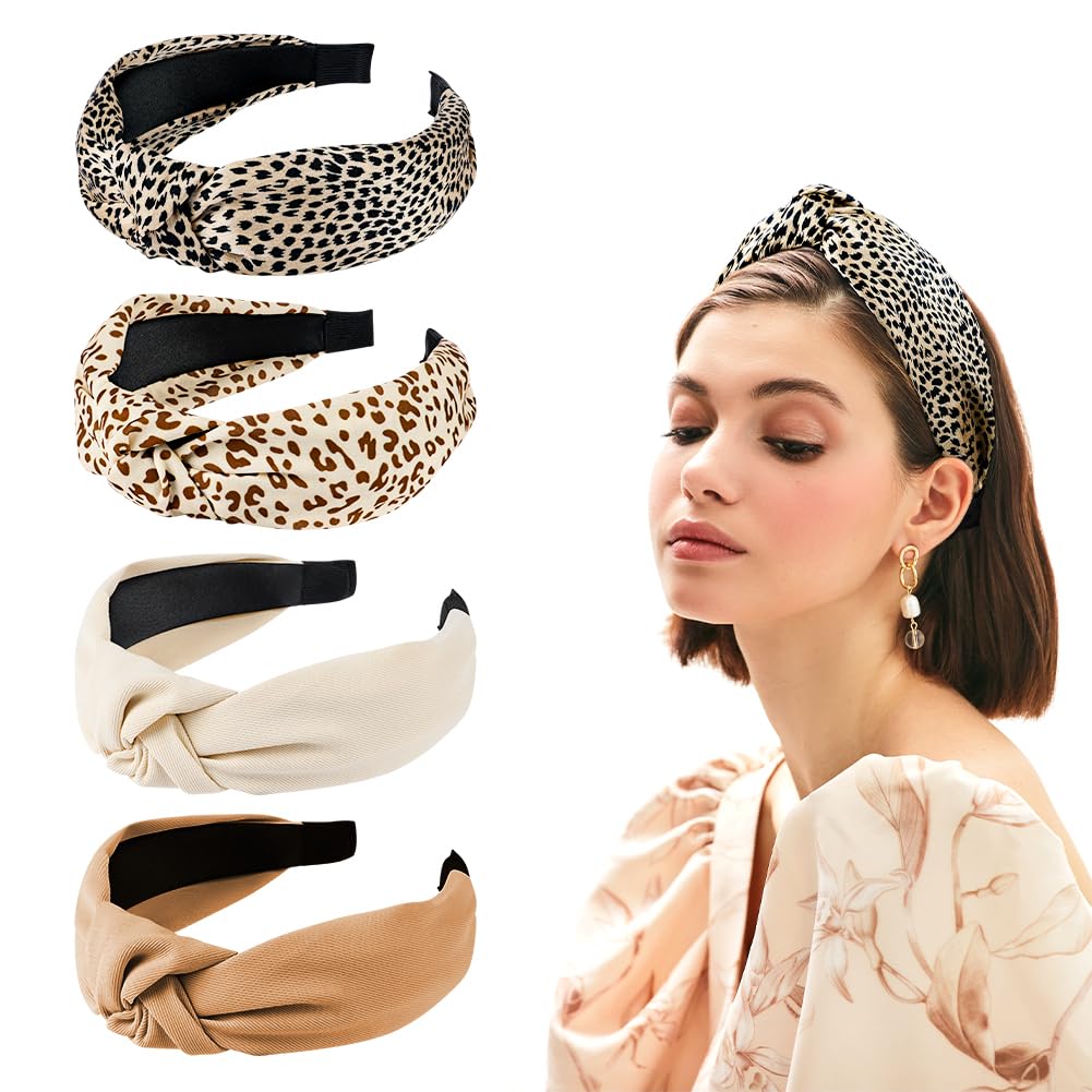 LOPHE 4 Pack Headbands for Women, Fabric Hair Bands, Wide Fashion Knotted Headband, Non Slip Exquisite, Solid Color & Leopard Elastic Hair Band Accessories, Suit for Girls And Women(#A)