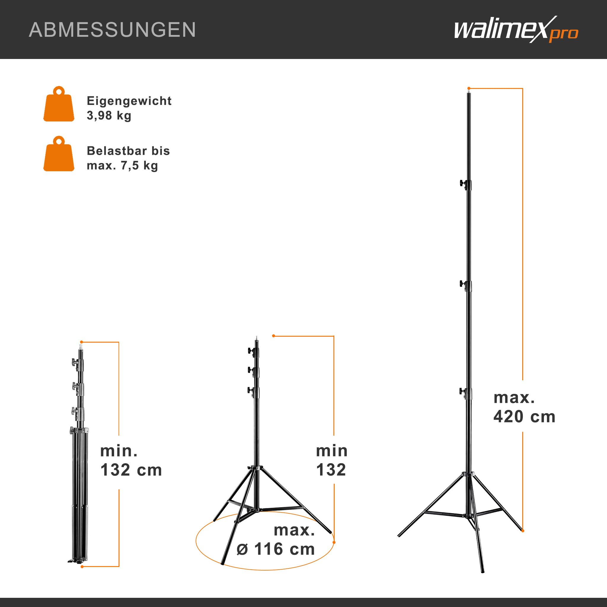 Walimex pro WT-420 Lampenstativ 420 cm, höhenverstellbares Lichtstativ belastbar bis 7,5 kg, Blitzstativ mit 5/8 Zoll Spigot, Studiostativ mit Federdämpfung