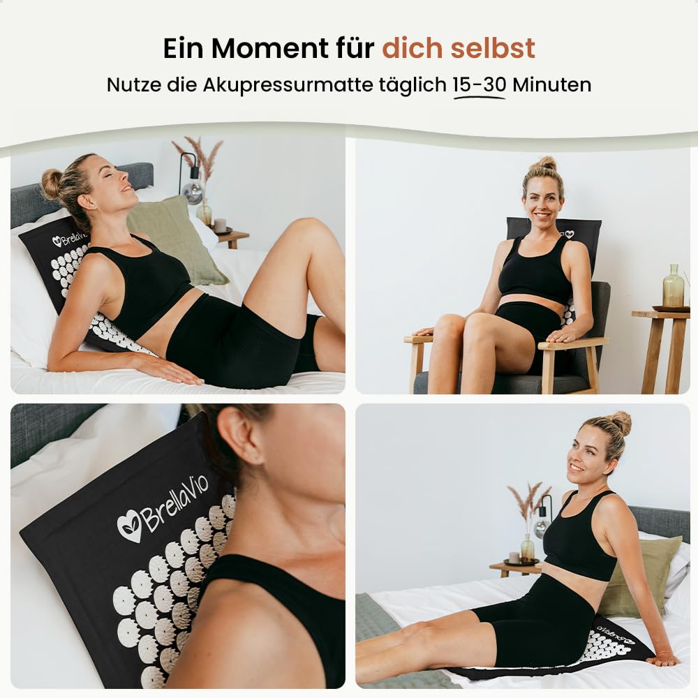 BrellaVio Akupressurmatte - Akupunktur Massage Matte - Akupressur zur Entspannung für Rücken, Nacken, Schulter und Fuß - Akkupressmatte gegen Verspannungen (Schwarz)