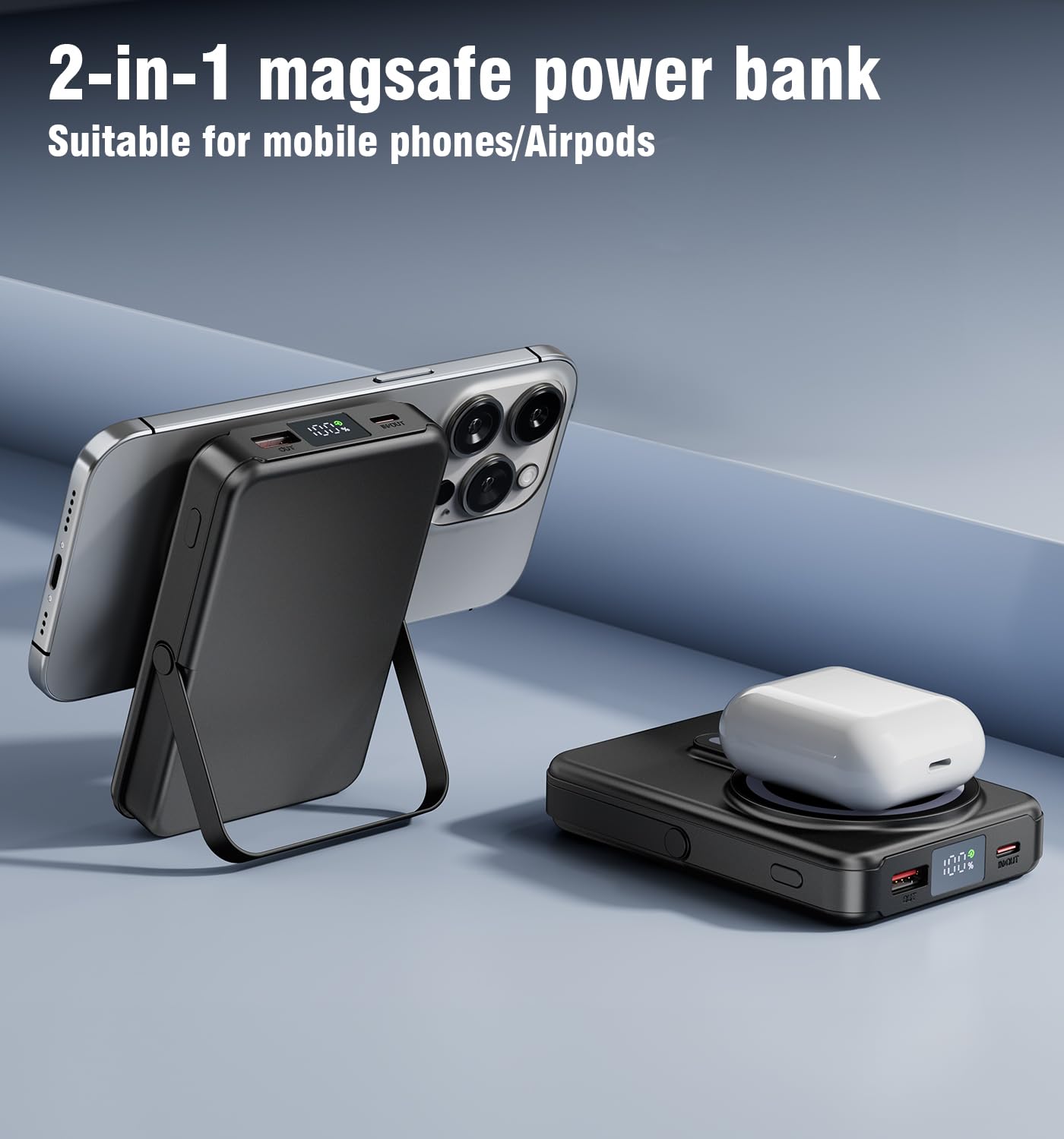 Tyonto 2 in 1 Power Bank Magnetica da 10000mAh per Telefono/Orologio, Caricatore Wireless Pieghevole PD 22.5W con Display LED, for MagSafe for iPhone 12-15 Plus/Mini/Pro/Pro Max Apple