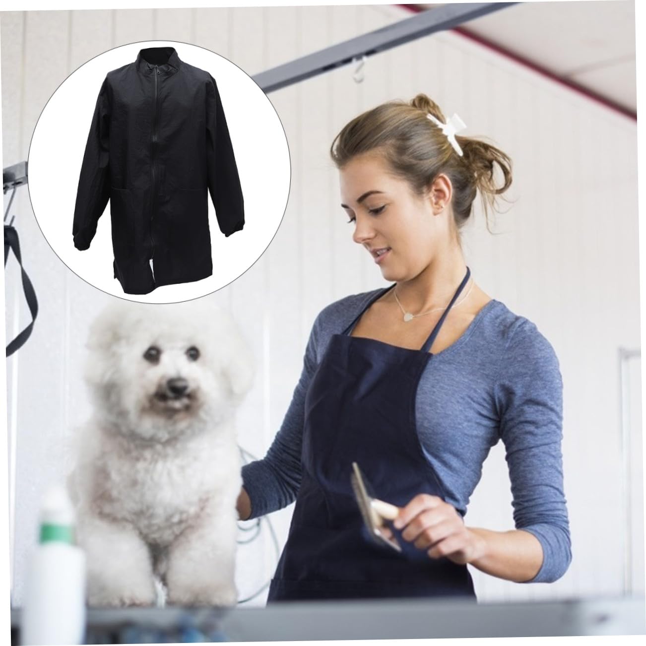 Tablier Imperméable Noir en Nylon pour Cosmétologue Animalier, Combinaison Antistatique Pratique, pour Salon de Toilettage et Animalerie, Taille L