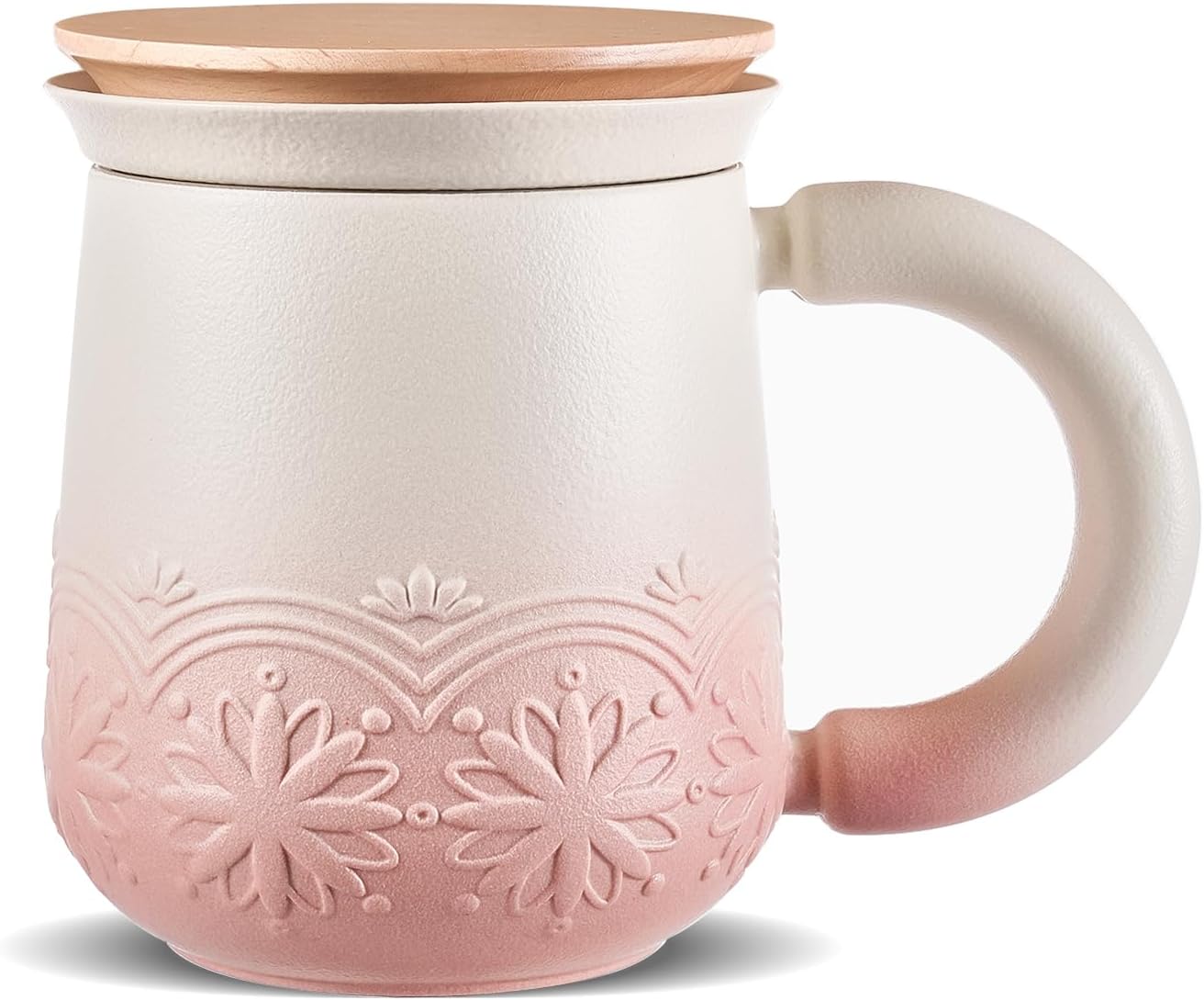 ZENS Tea Cup with Infuser and Lid for Loose Leaf Steeping, 11oz Embossed Ceramic Tea Infuser Mug, Wood Lid Tea Diffuser for Black Tea Lovers Gifts, Pale Pink
