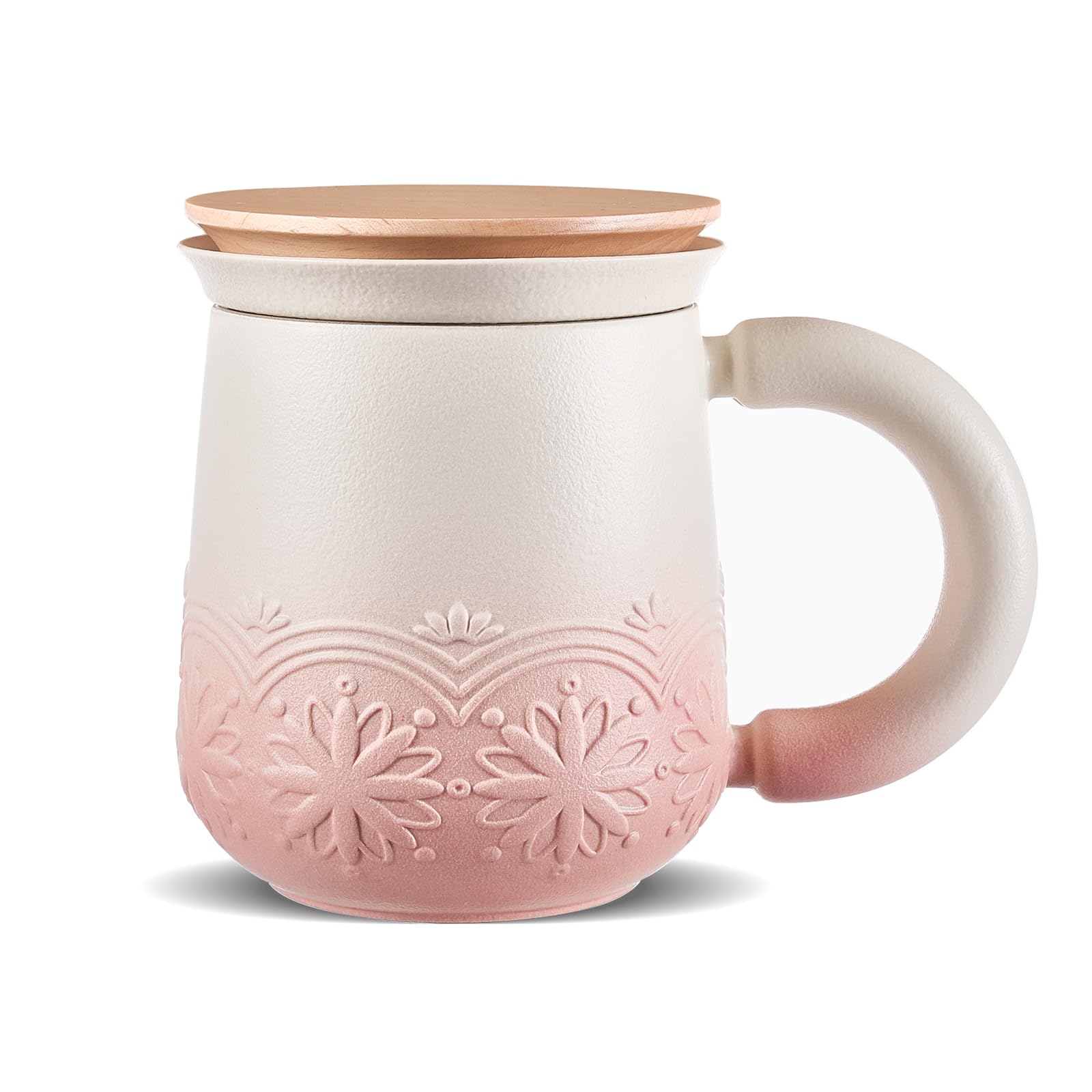 ZENS Taza de té con infusor y tapa, 330 ml - Taza de cerámica con relieve para té de hojas, tapa de madera, taza con filtro para amantes del té, rosa pálido