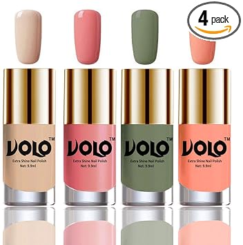 VOLO Dazzling Glow Long Stable High Definition Nail Polish Combo Set Of 4(Nude, Candy Cotton, Dark Olive Green, Light Peach)
