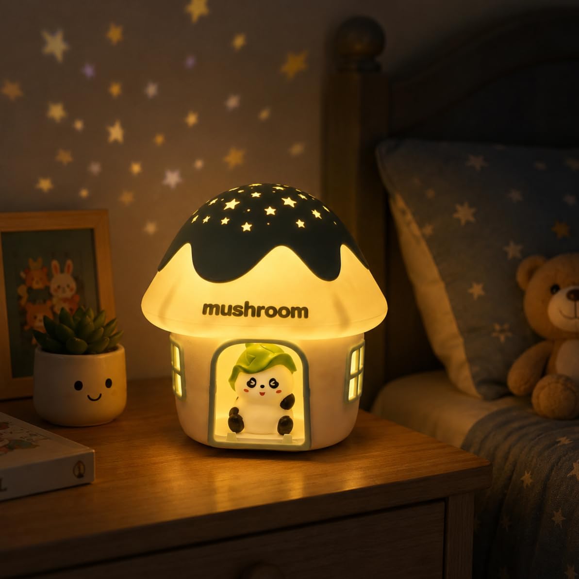 Cute Mushroom Panda Lamp for Kids Bedroom | USB Rechargeable, Push-Button Night Light with 2 Brightness Modes & Star Projection | Soft Warm Lamp for Baby Nursery, Desk Decor, Birthday & Gift-image-47