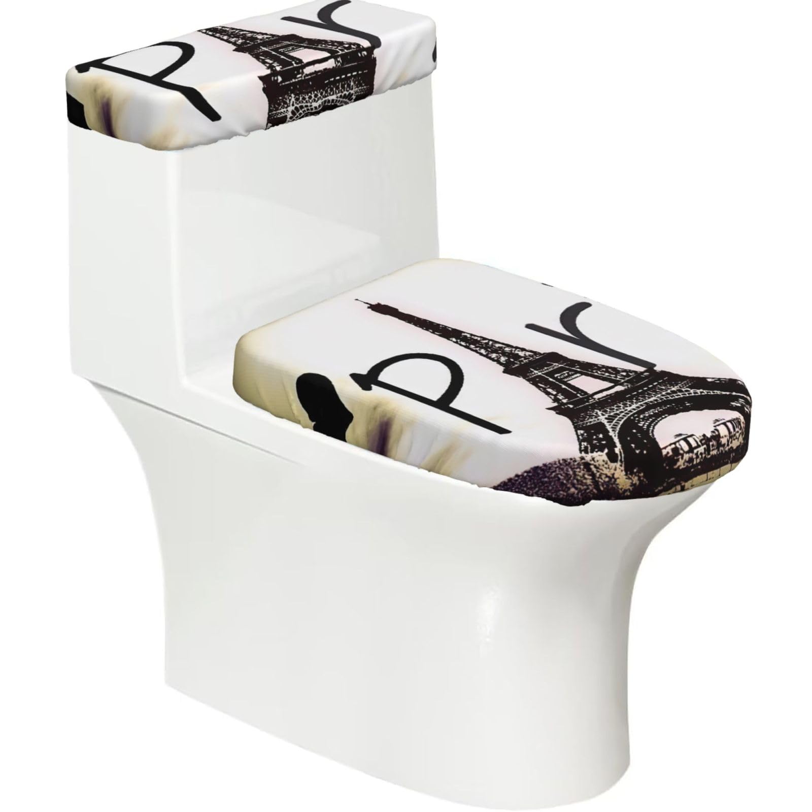 Eiffel Tower Love Paris Print 2-Piece Stretch Toilet Cover Set, Elastic Breathable Toilet Seat and Tank Lid Protector