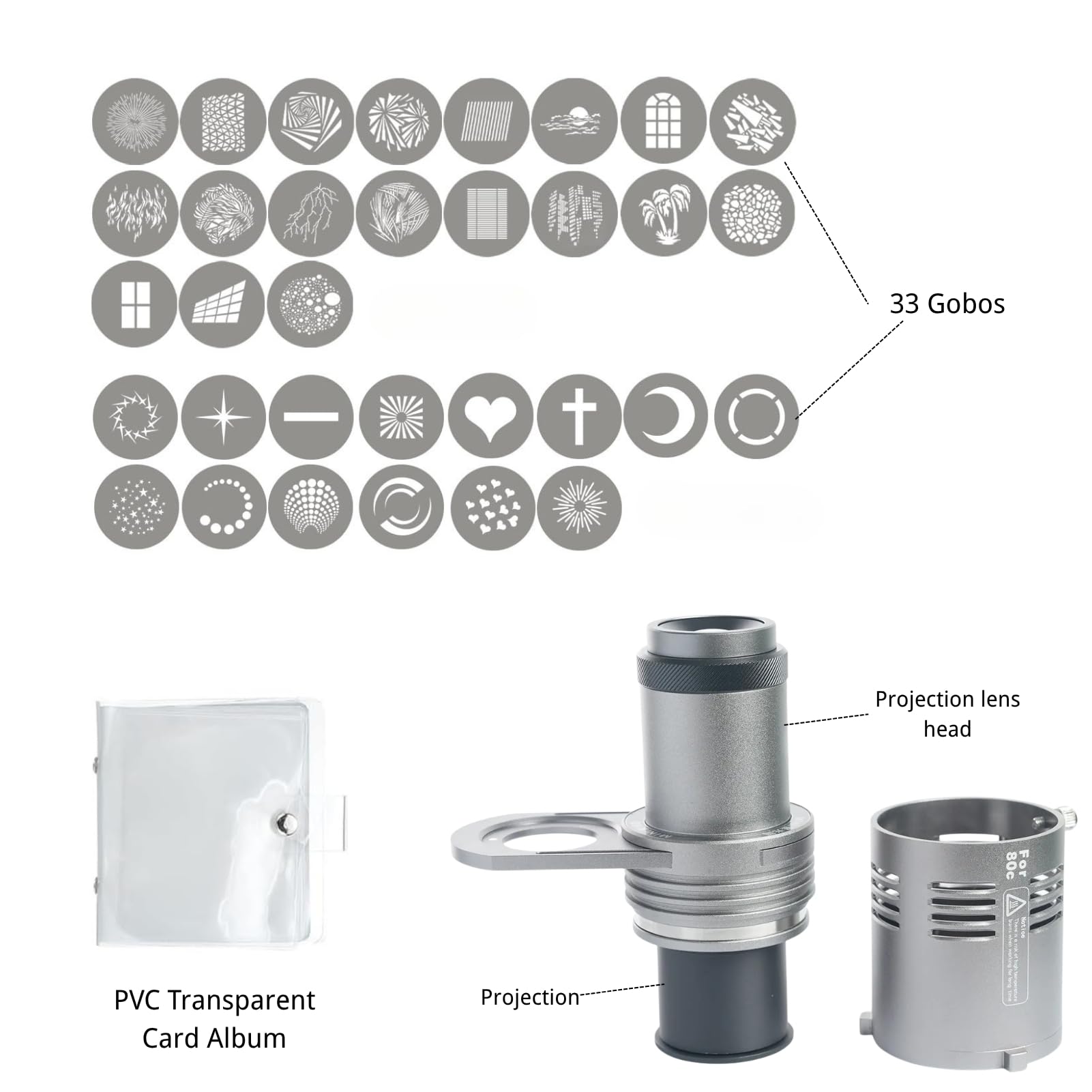 Aputure Storm 80C Mini Optical COB Light Snoot Include 33 filtri Gobo e album Gobo in PVC trasparente, doppio slot magnetico, messa a fuoco regolabile, telaio in alluminio per effetti