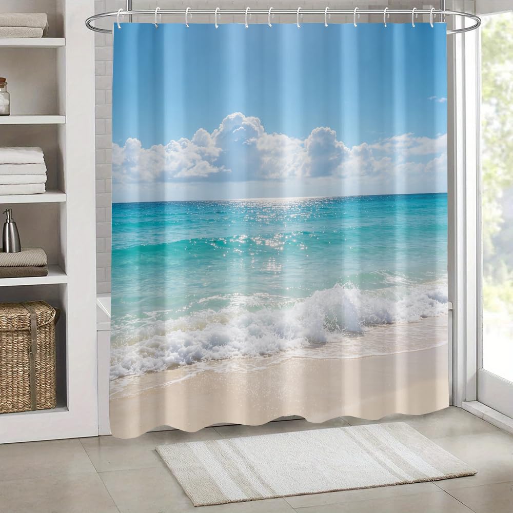 SPXLUCAU Blue/White Ocean Wave Pattern Printed Shower Curtain, Featuring a Fresh and Natural Beach Scene(180x180cm/71x71in(WxH)