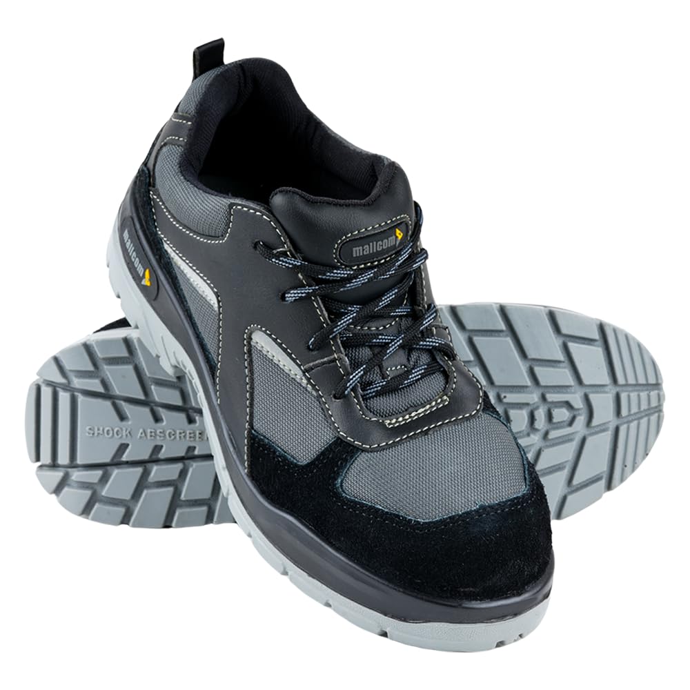 Mallcom Rufus M01 Safety Shoes for Men, Synthetic Microfiber Upper, Double Density PU Sole, Safety Shoe with Steel Toe, Light Weight, Comfort and Slip Resistance, Brown & Grey, Size 4UK-12UK