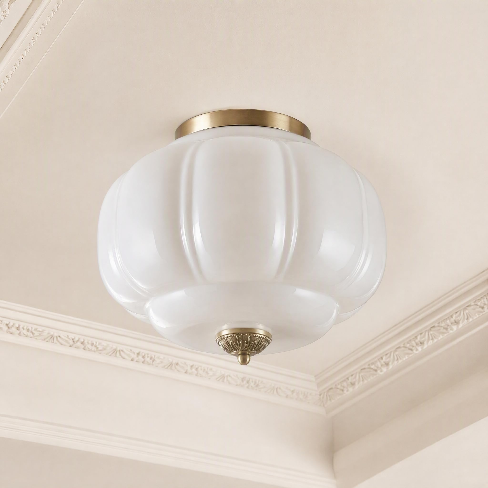 HvKvHvY Milk Glass Ceiling Pendant Light Fitting,E27 Vintage Lamp,Adjustable Ceiling Lamp,(07 White and Gold,15in)
