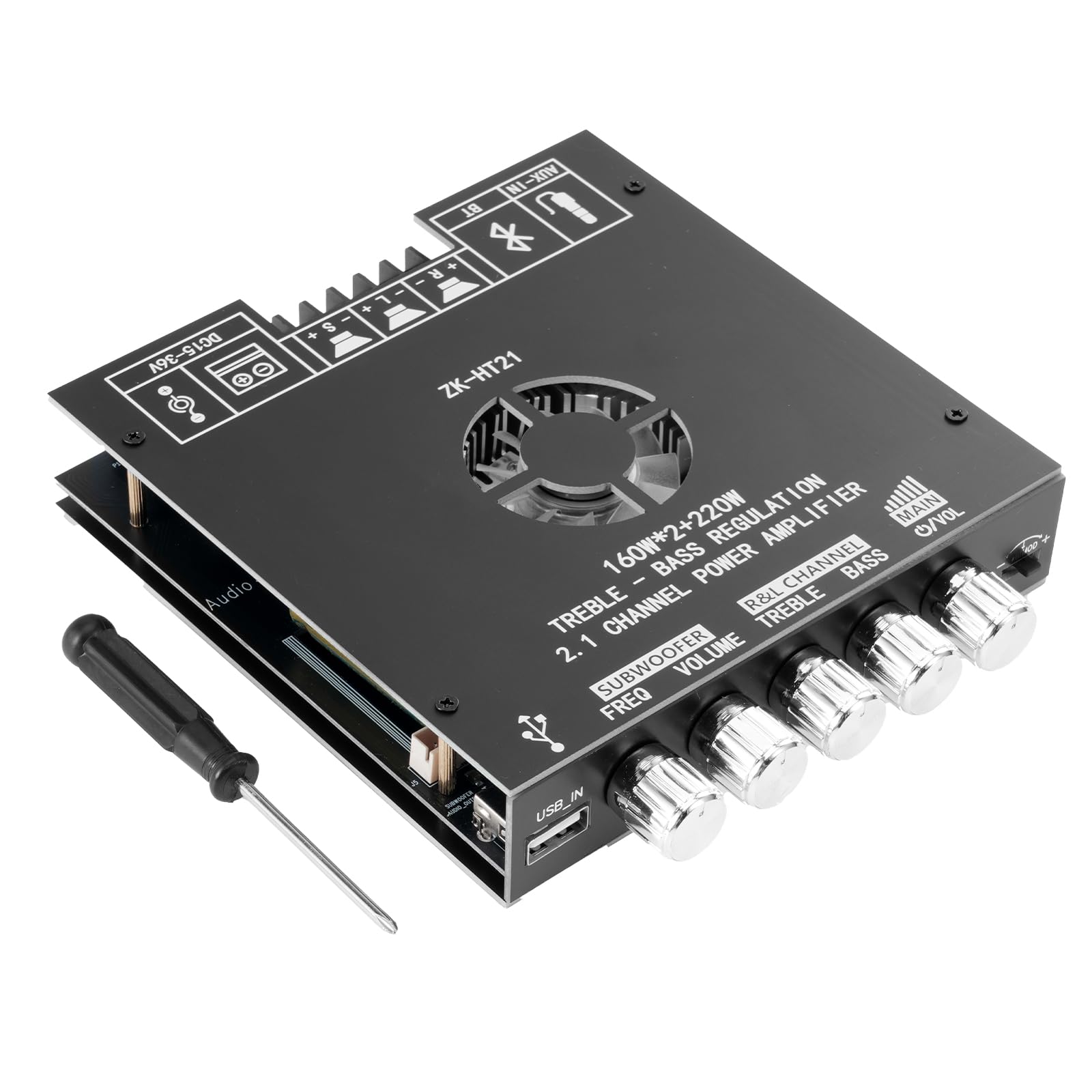 ZK-HT21 Amplificateur HiFi avec Bluetooth Mini amplificateur Audio stéréo 2.1 canaux 160W x 2 + 220 W Mini Module amplificateur stéréo TDA7498E Puce avec TB, USB, AUX, DC 15-36 V pour Haut-parleurs