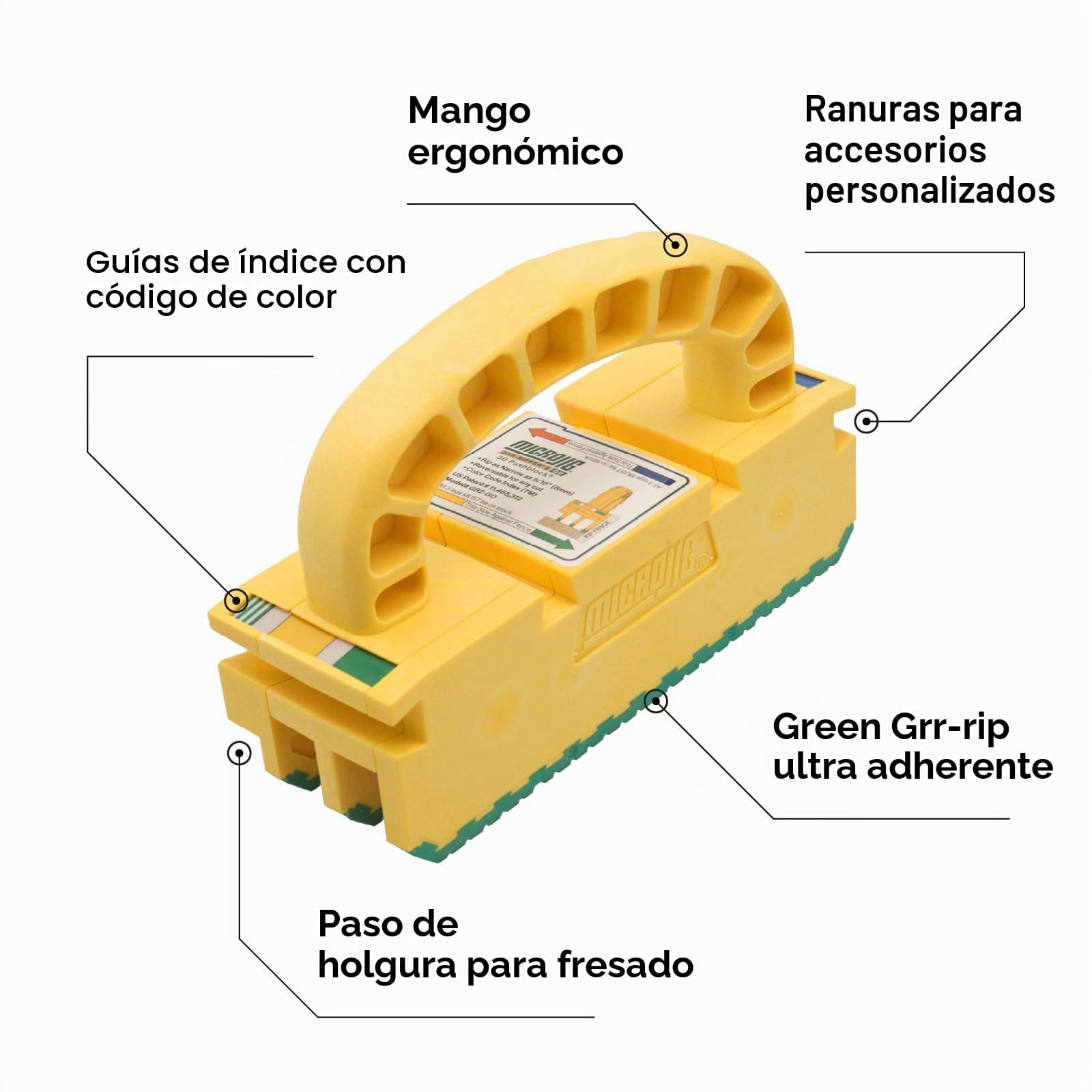 MICROJIG GRR-RIPPER 2GO Bloque de empuje para enrutadores, ensambladores, sierras de banda y de mesa, herramienta de carpintería, agarre extremo, GR2-GO, Amarillo/Verde