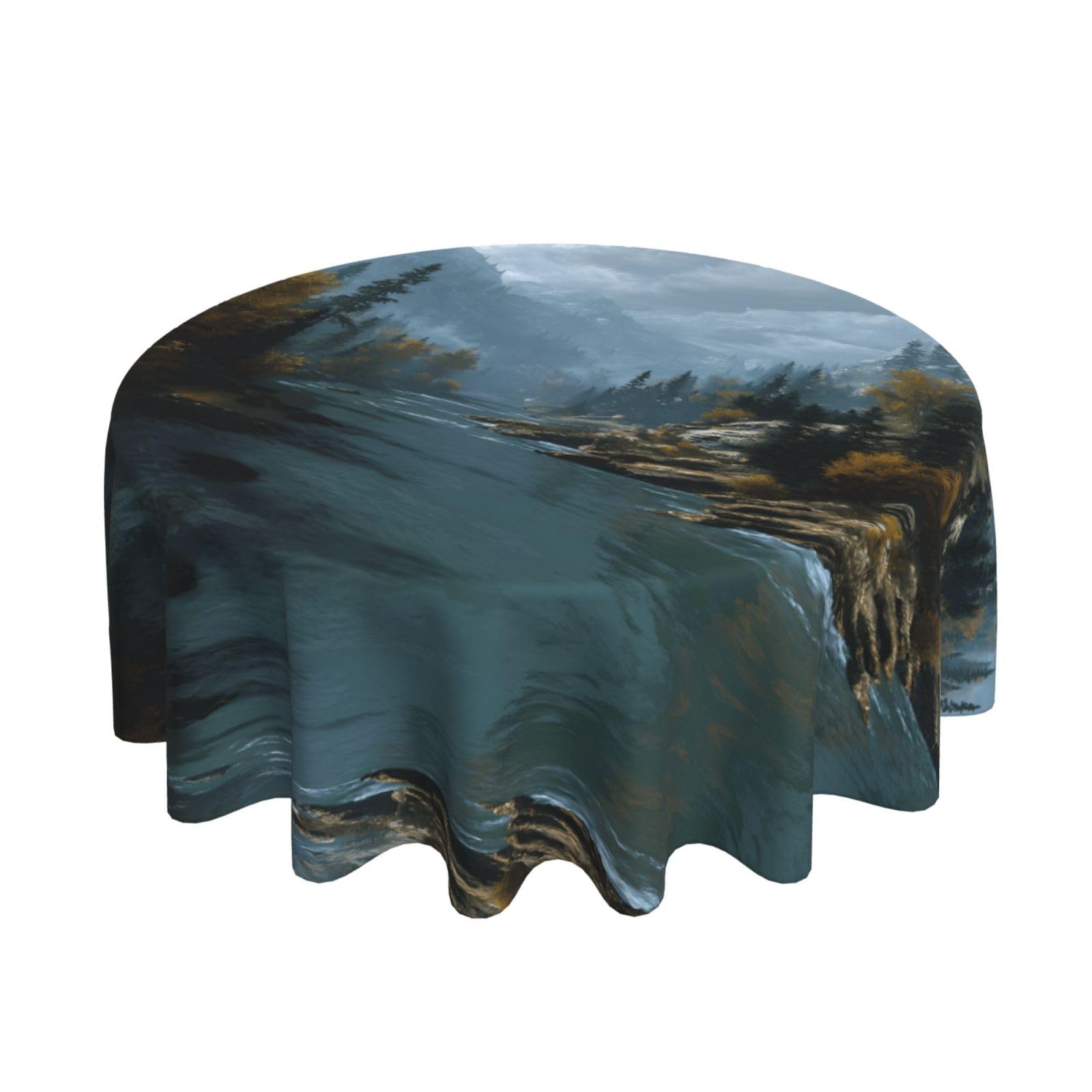 ESNAIUVCD river print Round Tablecloth Waterproof Washable Wipeable Resistant Polyester Circular Table Cover for Dining Room Kitchen Indoor Outside 60"