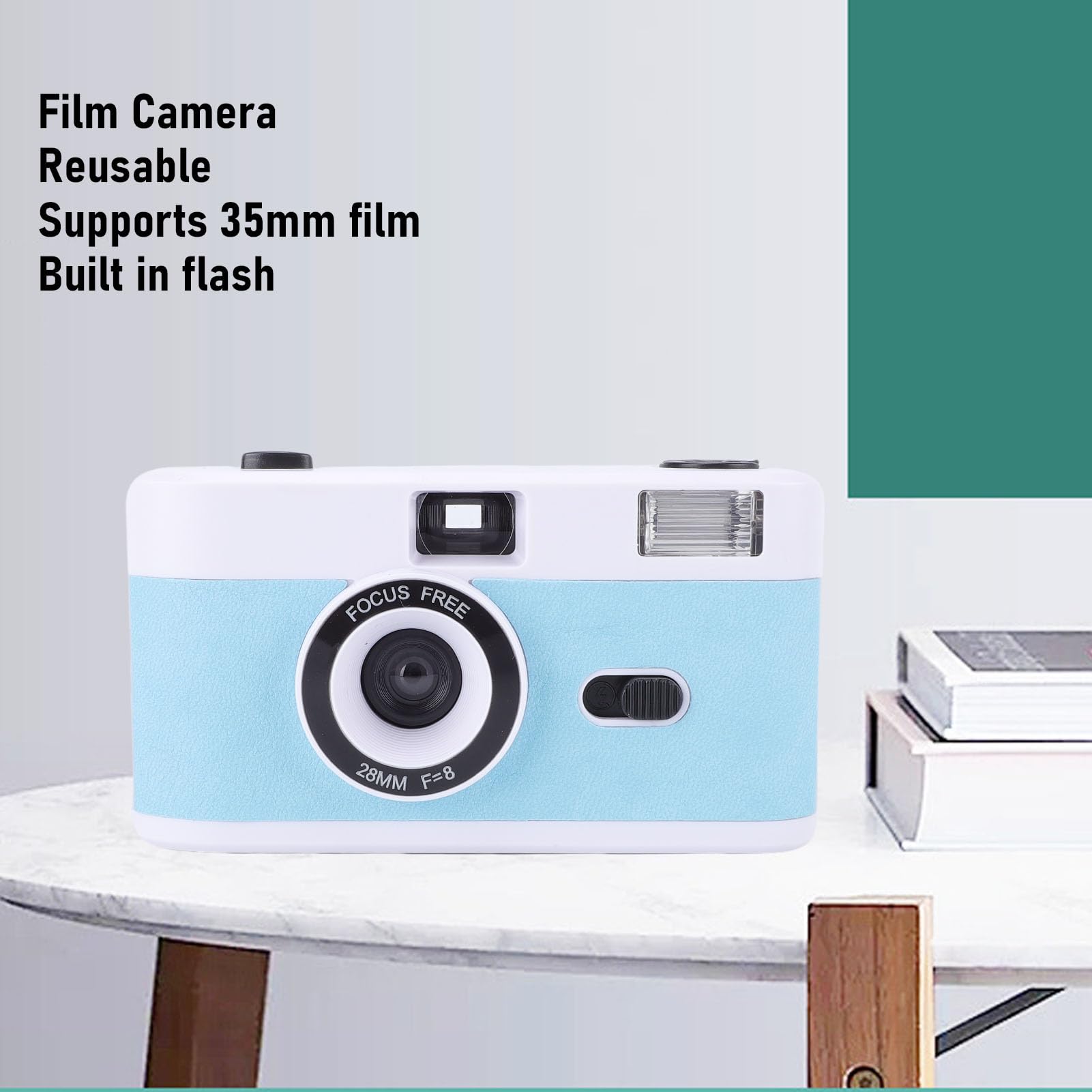 Jectse Kamera Filmowa, 35 Mm, Wielokrotnego Użytku, Bez Ostrości, Stylowy Design Retro, z 27 Kolorowymi Filmami z lampą błyskową, dla Studentów, Dorosłych, Prezentów Urodzinowych (Biały Niebieski)