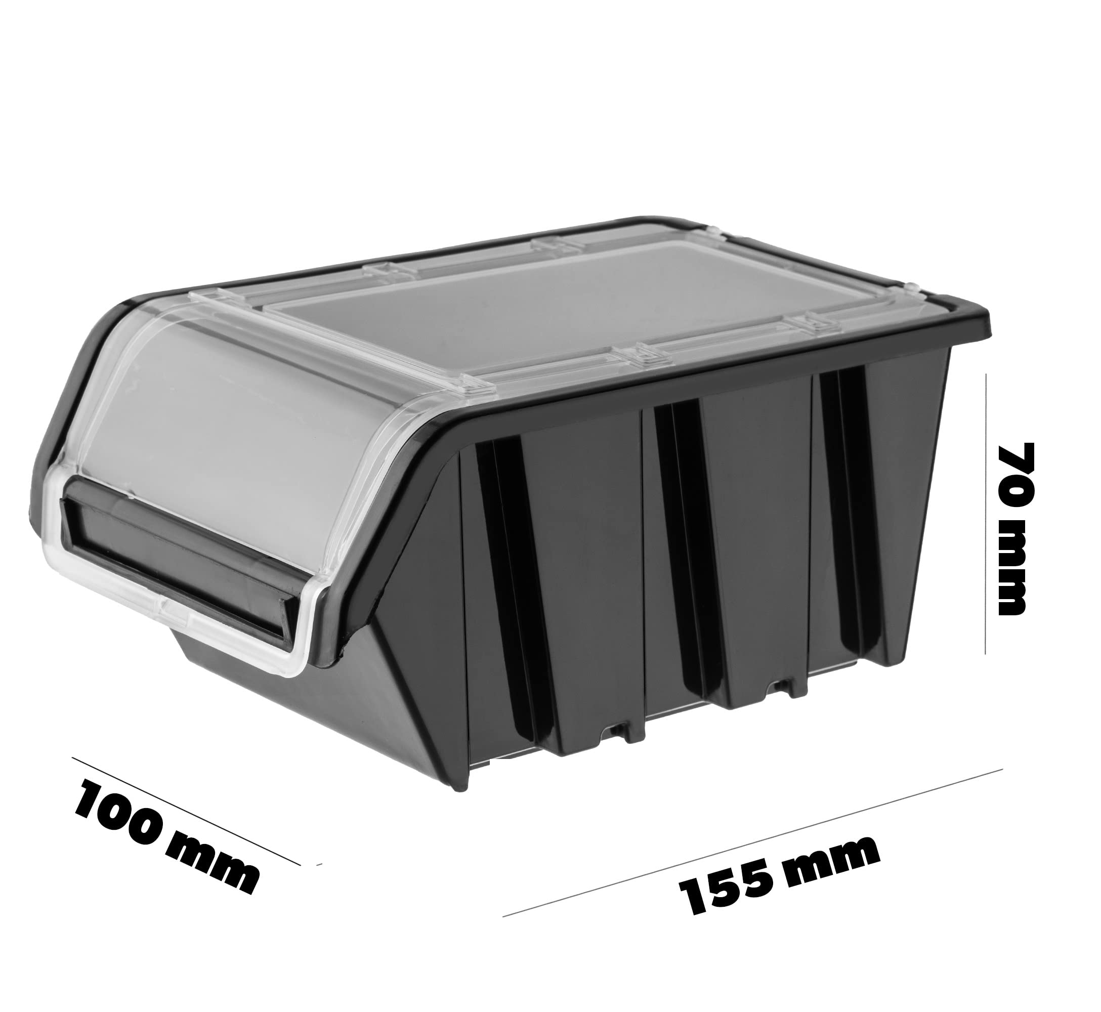 KADAX Lot de 10 boîtes de rangement empilables avec couvercle, en plastique PP, dans différentes tailles et couleurs, avec rabat pour mur d'outils (noir, 155 x 100 mm) K6533
