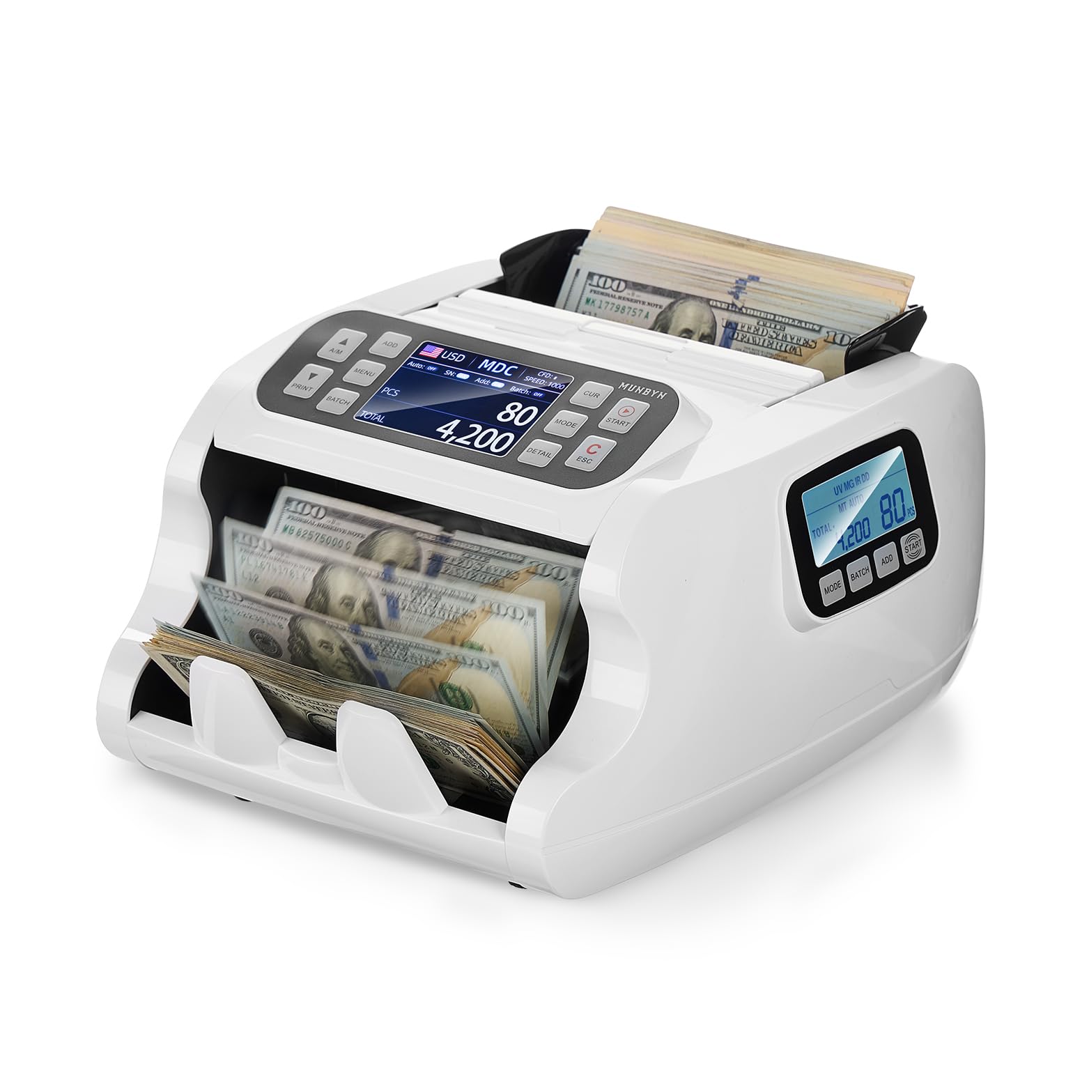 MUNBYN IMC22 Money Counter Machine Mixed Denomination, Dual-Display, CIS/UV/IR/MG Counterfeit Detection Bill Counter, USD, MXN, COP, CAD Cash Counter for Business, Merchant, 2Y Protect (White)
