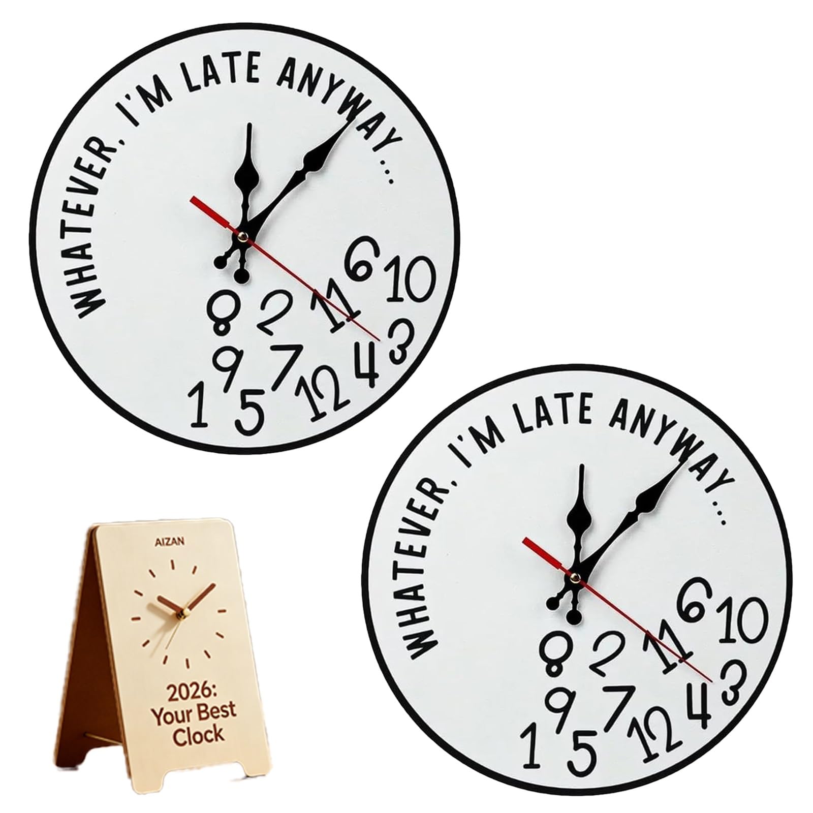 Whatever I'm Late Anyway Wall Clock, Funny Sarcastic I'm Late Anyway Clock Large Unique Walls Watch Unique Irregular Number 12in Wooden Sign Home Office Kitchen Decor Procrastinator Gift(Style b,2PCS)