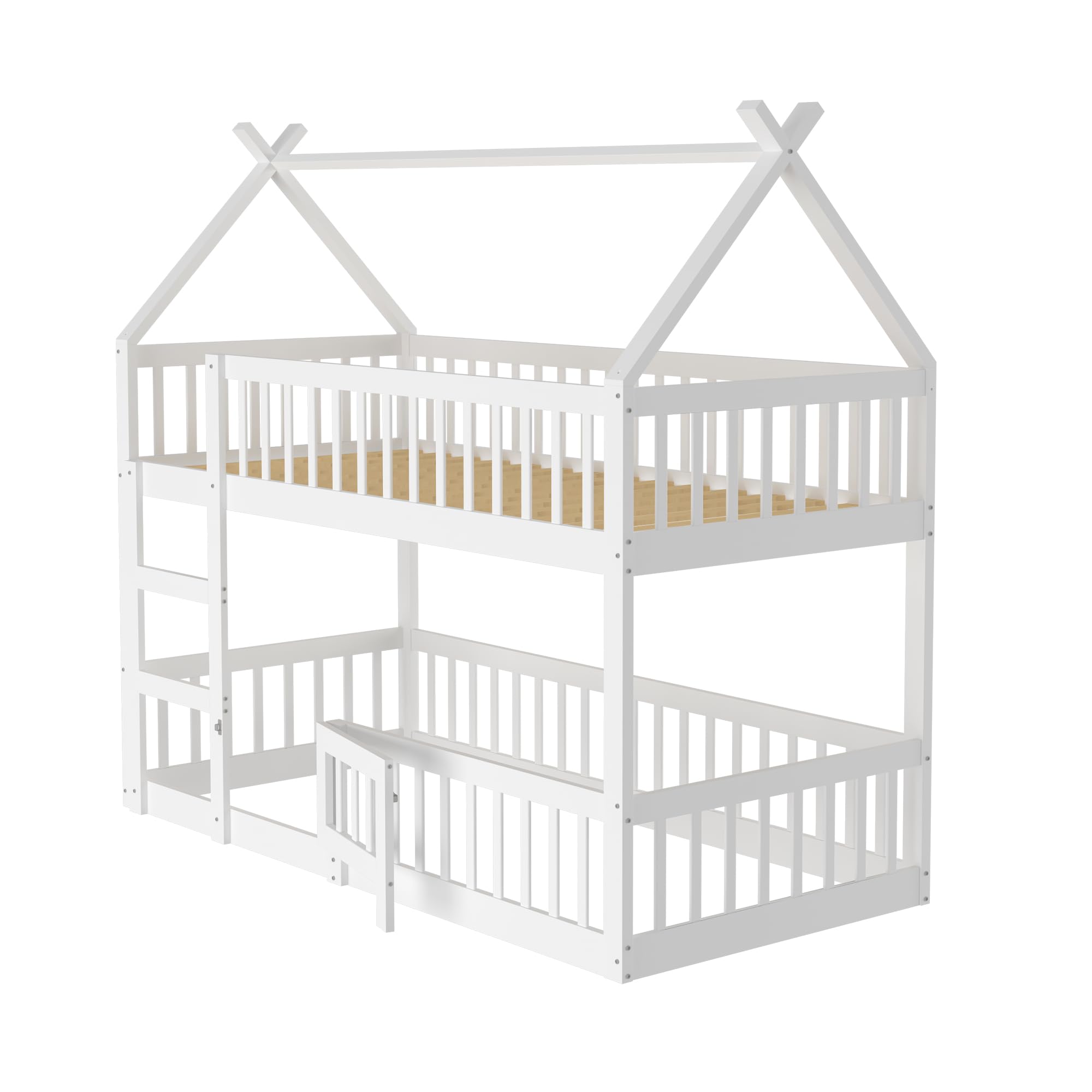 Etagenbett für 2 Kinder, 90x200 cm Kinderbett Bodenbett Hausbett mit Rausfallschutz und Lattenrost,Vollschutzgitter und Türen, Massivholz Doppelbett Stockbett Gitterbett Jugendbett,Ohne Matratze,Weiß