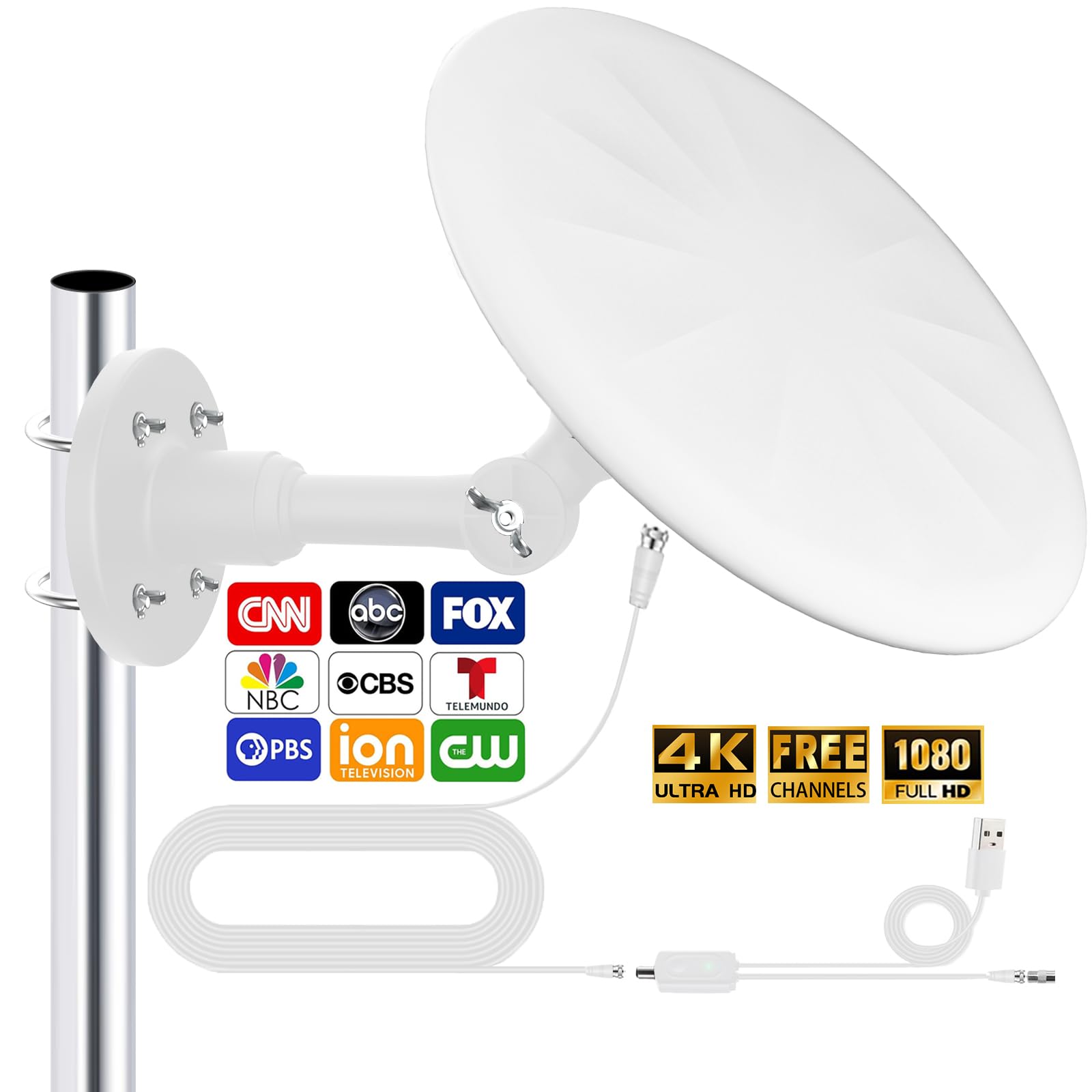 omni directional tv antenna outdoor, outdoor antenna for smart tv, 720° long range reception digital hd signal, with super signal booster, for attic/camping/rv/boat, 2025 latest (white, big)