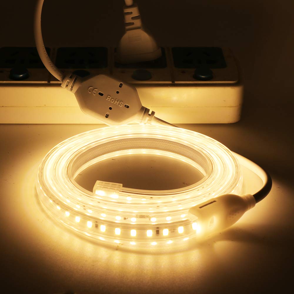 XUNATA LED Strip Lights, Upgraded Super Bright 20-22 LM/LED Tape Light Bulit-in Conductive Plate, 3000K Warm White AC110V 2835 120 LEDs/m Waterproof Rope Light for Home Indoor Outdoor(33ft/10m)