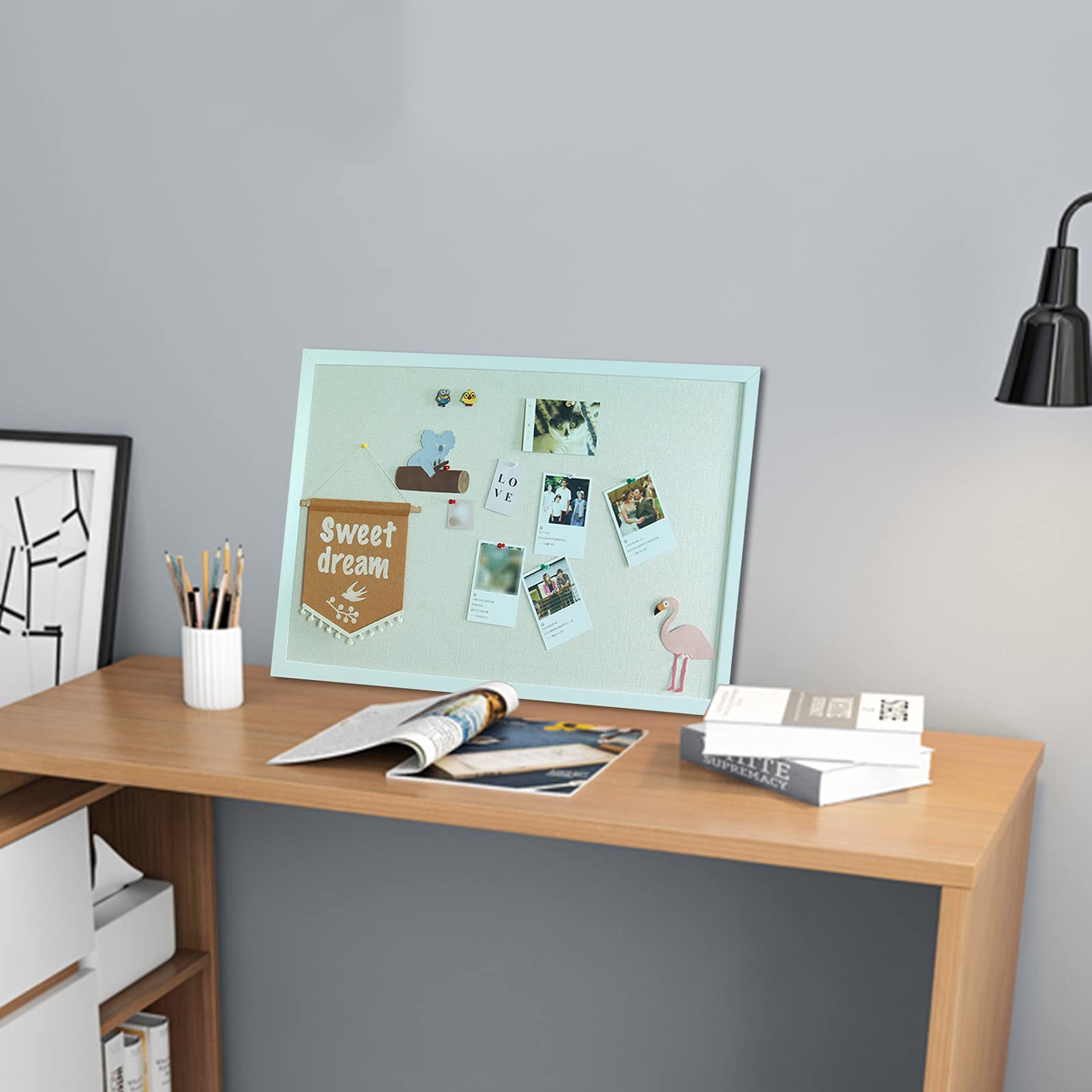 DOLLAR BOSS Bacheca in sughero con lino double-face, 76,2 x 50,8 cm, bacheca in sughero per pareti, per ufficio, casa, scuola, con cornice, 20
