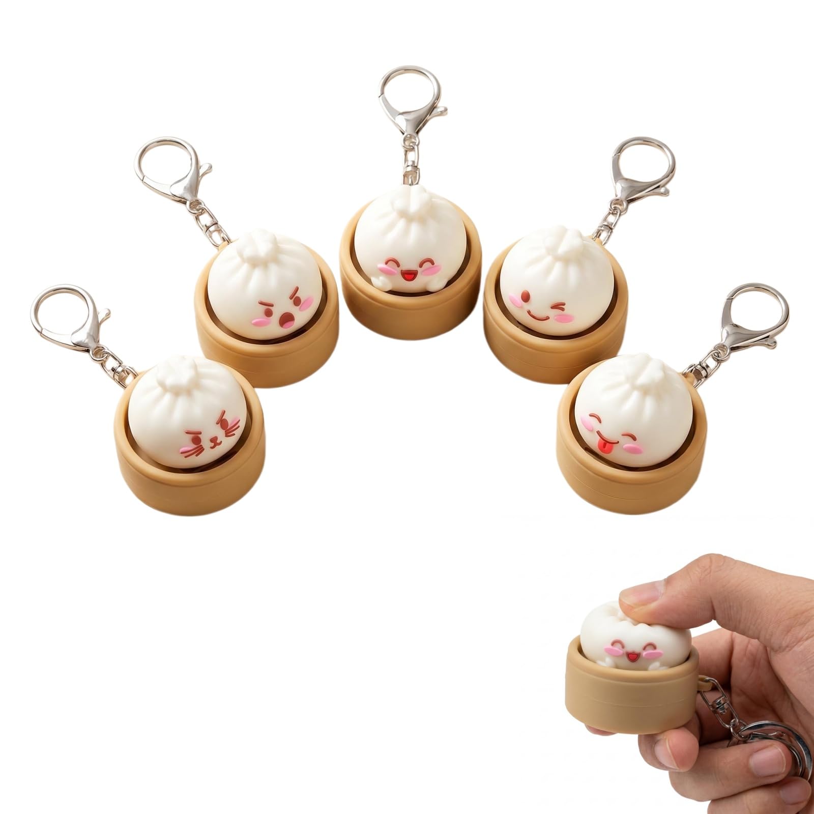 Mtbricey 5PCS Mini Dumpling Fidget Toys Cute Steamed Bao Buns Keyboard Clicker Keychain with Expression for Stress Relief & Focus Fun 2-in-1pinky Dumplings support fidget toy for Adults (5PCS)